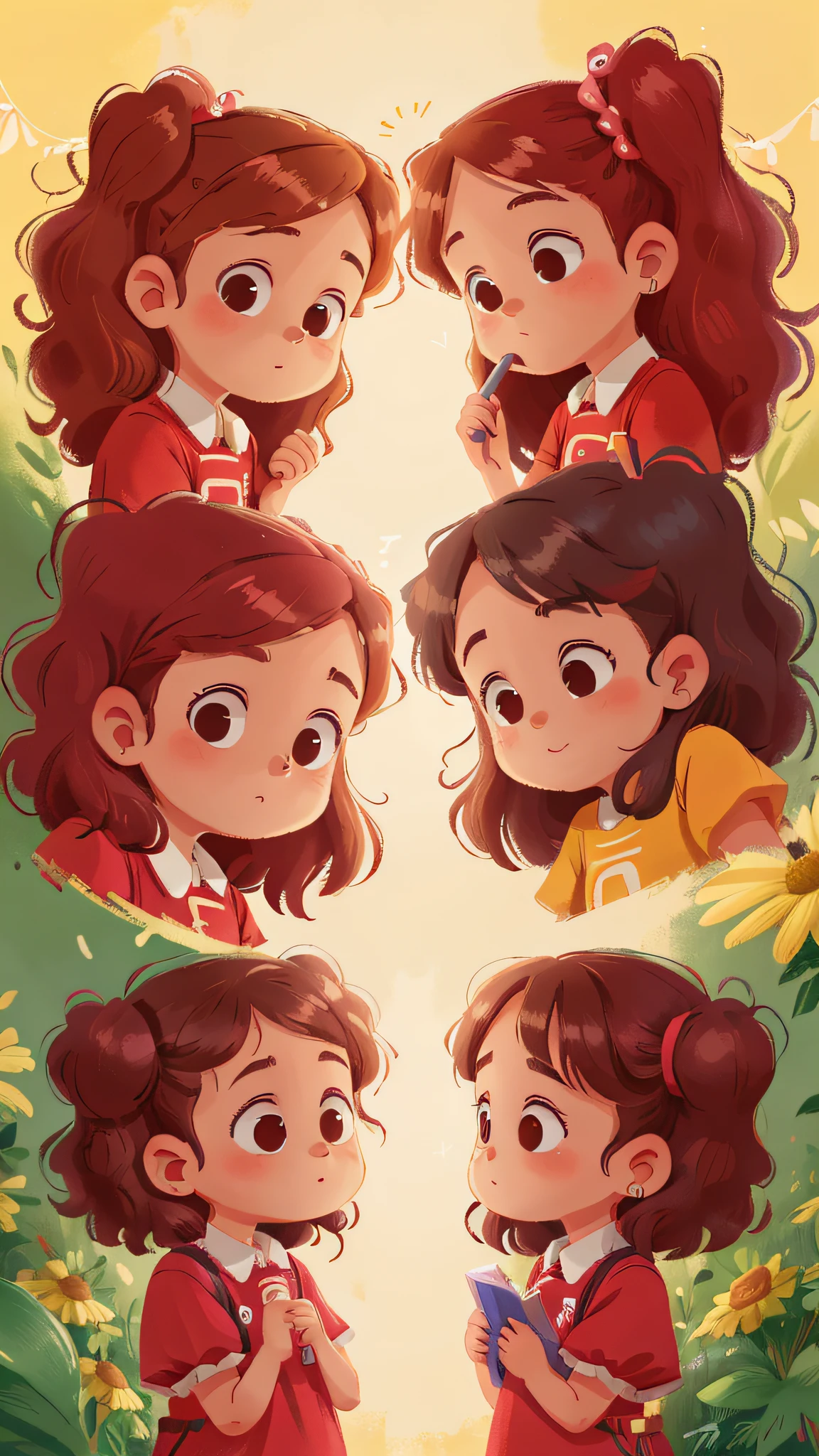 Two girls, twins, curly brown hair,