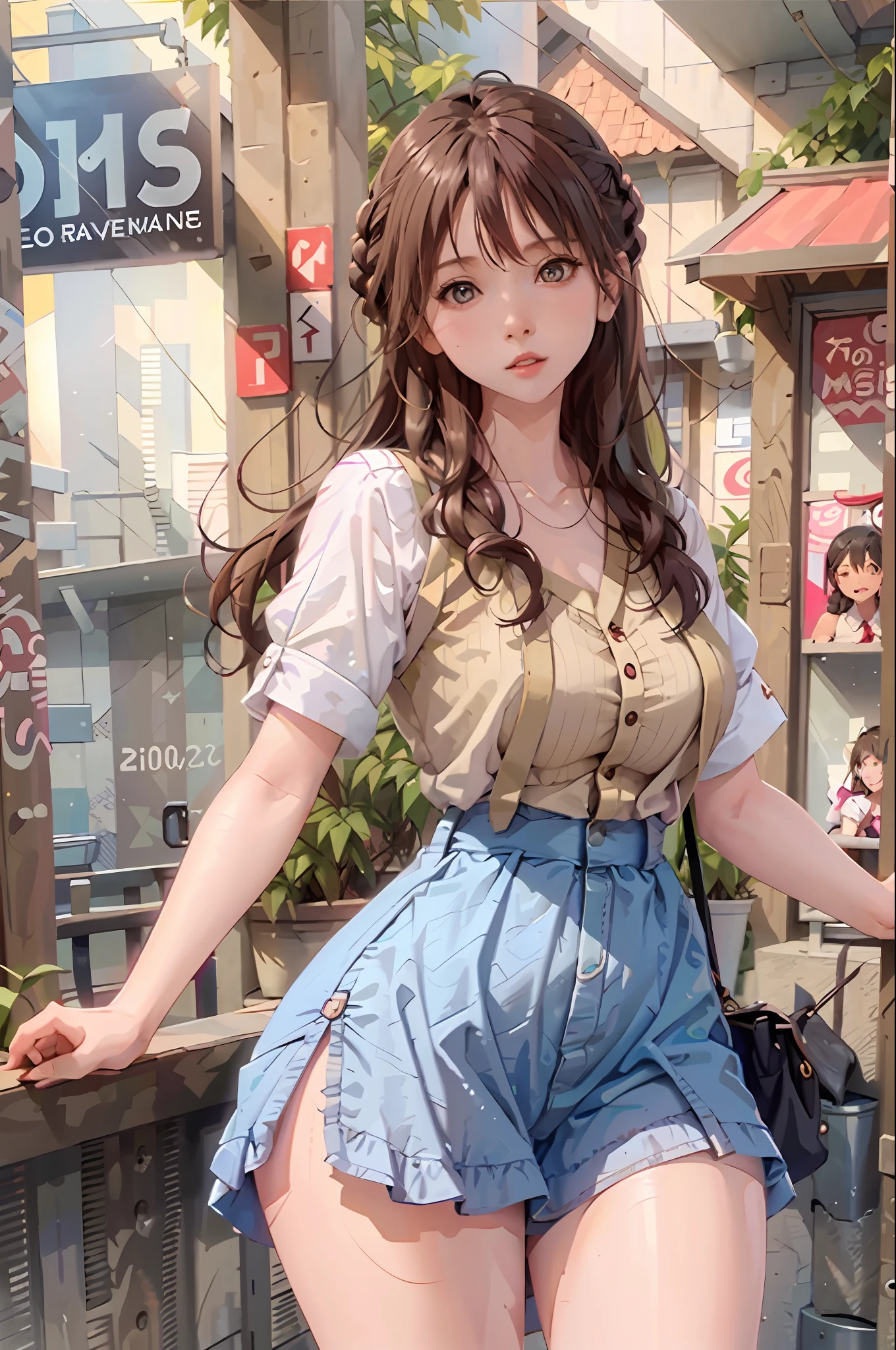 Masterpiece, best quality, 1 girl, young girl, coffee eyes, pink, braid hairstyle, worry about _face, shiny skin, large breasts, beautiful leg line: 1.3, thick thighs, thin waist, White_button-up_shirt, denim_cutoffs, strappy_sandals, crossbody_bag, layered_necklaces, city view, looking at the audience, from the front, Upper