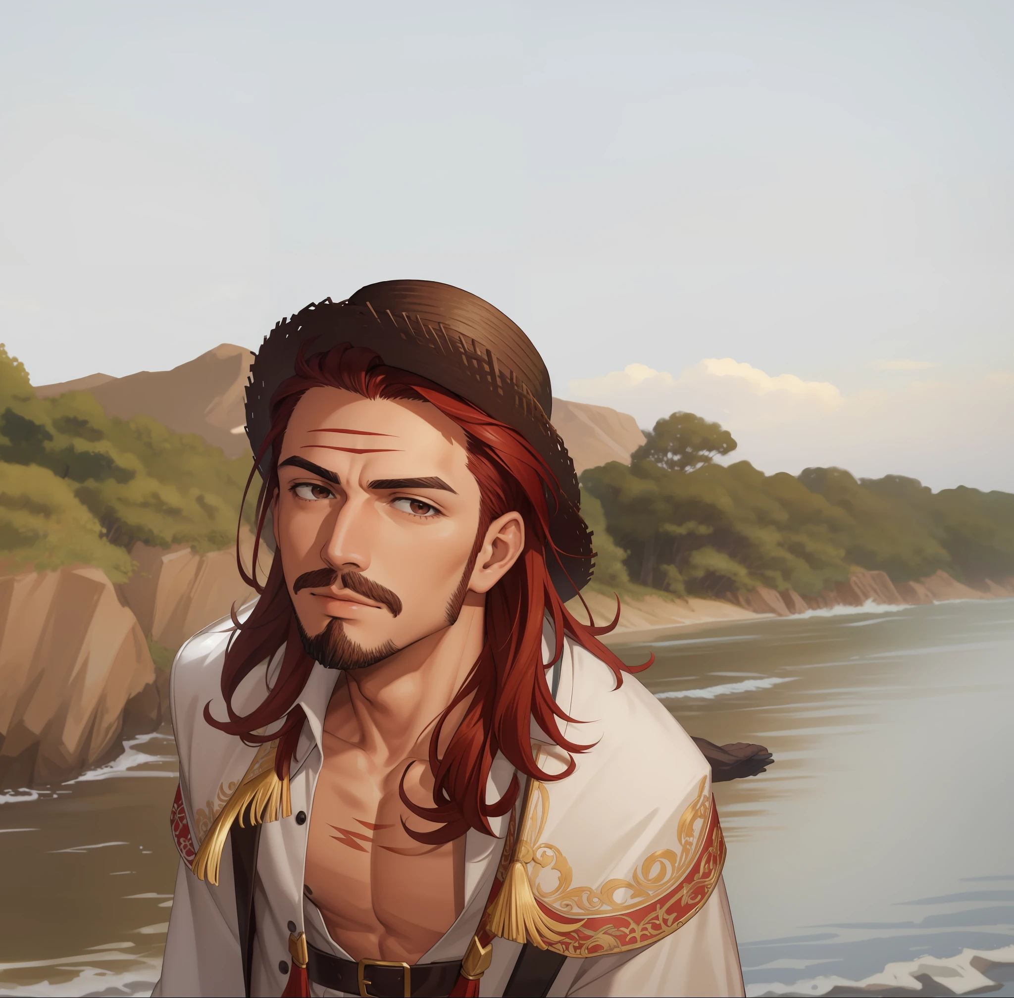 (masterpiece, best quality),  intricate details,
 1boy, man, red hair, straw hat, Shnks, shanks \(one piece\),  scar on face, short hair, shirt,  white shirt, male focus, open clothes, collared shirt, pants, cape, coat, open shirt, facial hair, scar, sandals,  pectorals, partially unbuttoned, pectoral cleavage, coat on shoulders, nature, scenery, upper body, straw hat,