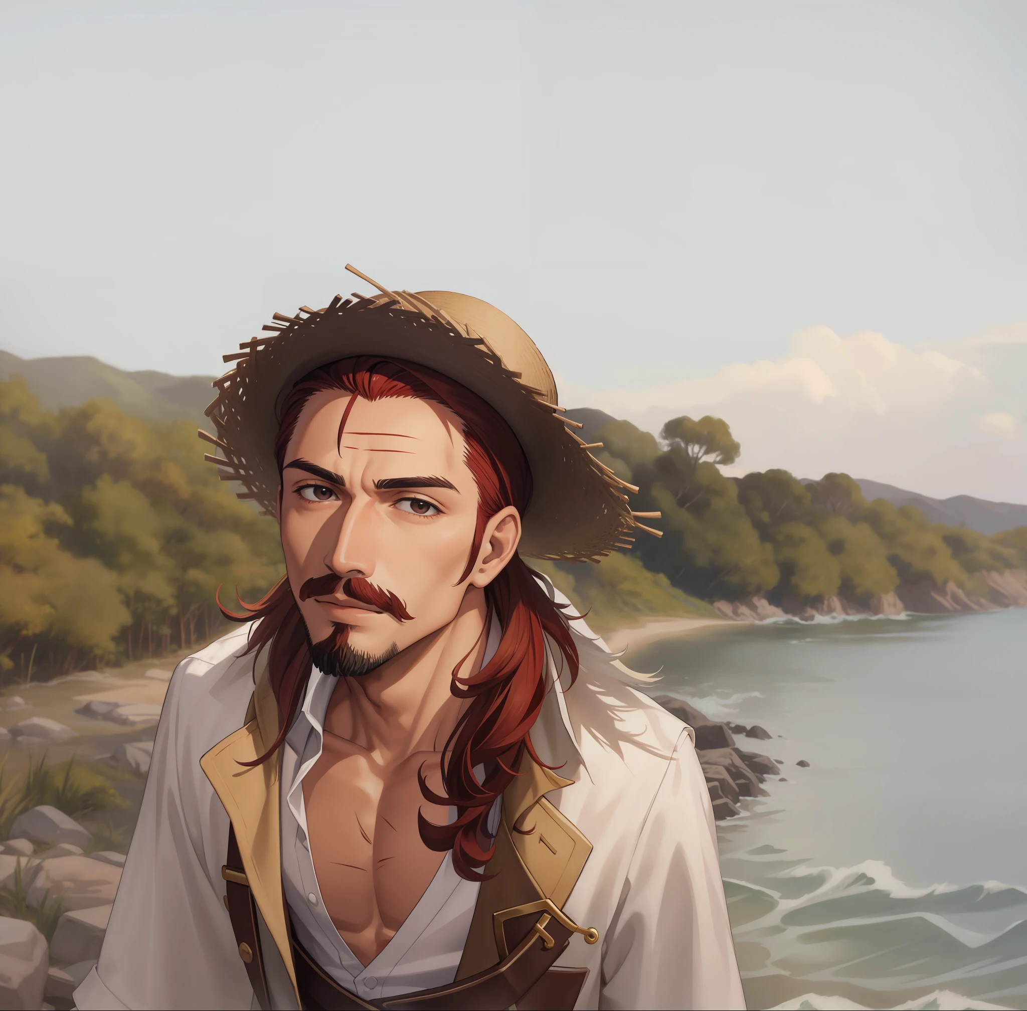 (masterpiece, best quality), intricate details,
1boy, man, red hair, straw hat, Shnks, shanks \(one piece\), scar on face, short hair, shirt, white shirt, male focus, open clothes, collared shirt, pants, cape, coat, open shirt, facial hair, scar, sandals, pectorals, partially unbuttoned, pectoral , coat on shoulders, nature, scenery, upper body, straw hat,