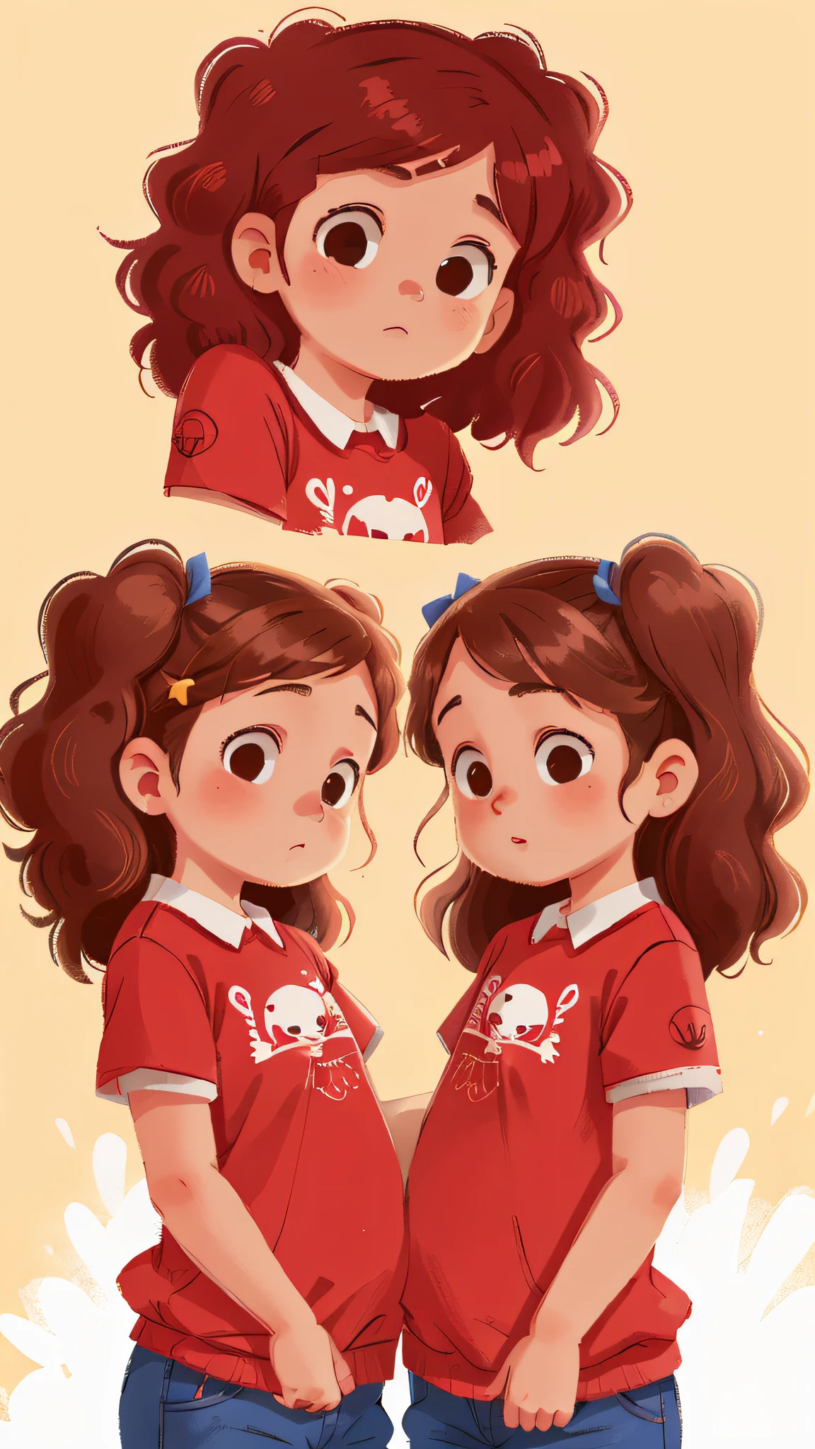 Two girls, twins, curly brown hair,