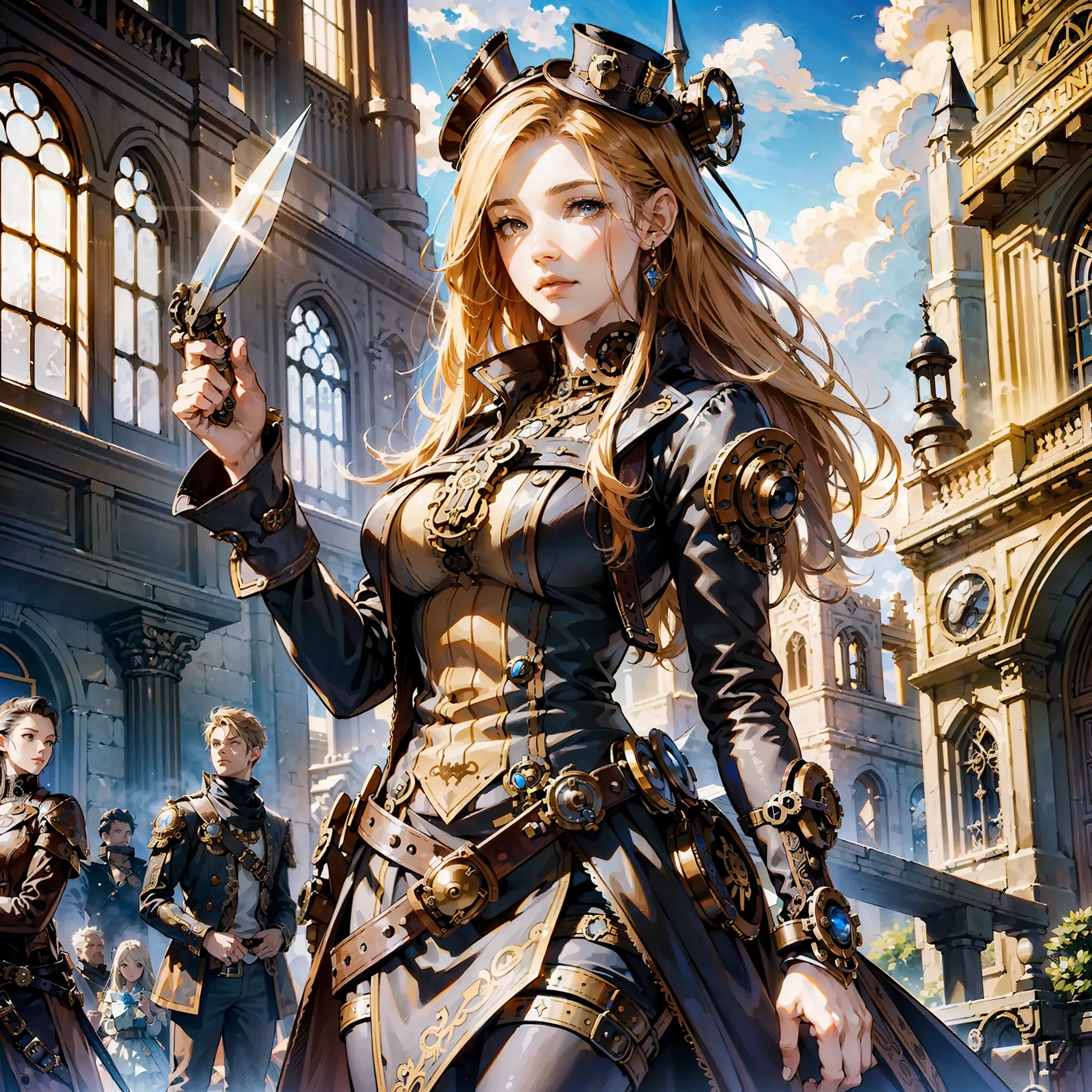 (((steampunk))),(((Stylish image of a beautiful young woman with a spear,))) large clock tower, fantasy Granblue, Boris Valejo. Traveling Octopath, Highly Detailed Official Art, Anime Key Art,, Detailed Anime Key Art, Full Magic Knight Portrait, Official Character Art, Key Art, Shadowverse Style
