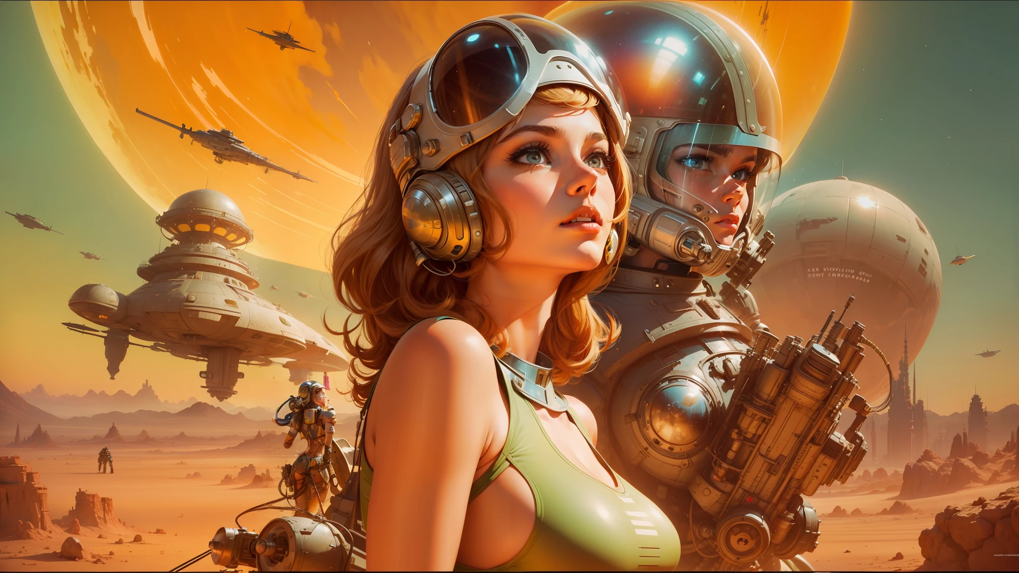 arafed woman in a futuristic space suit with a helmet on, barbarella, beautiful cinematic poster, cinemascope panorama, inspired by Stevan Dohanos, trending on artstaion, by ken kelly, youtube thumbnail, inspired by Eduardo Paolozzi, circa 1970, tank girl --auto --s2