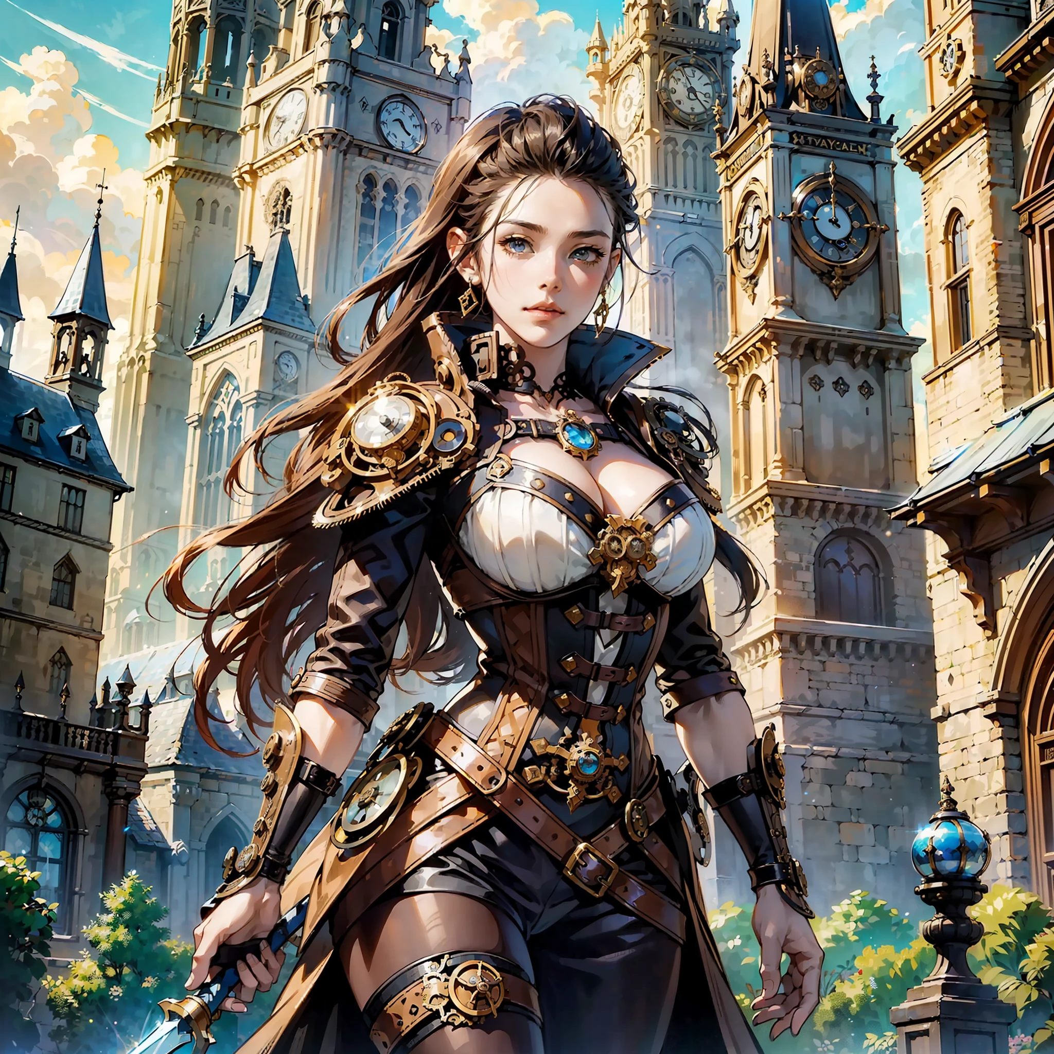 (((steampunk))),(((Stylish image of a beautiful young woman with a spear,))) large clock tower, fantasy Granblue, Boris Valejo. Traveling Octopath, Highly Detailed Official Art, Anime Key Art,, Detailed Anime Key Art, Full Magic Knight Portrait, Official Character Art, Key Art, Shadowverse Style