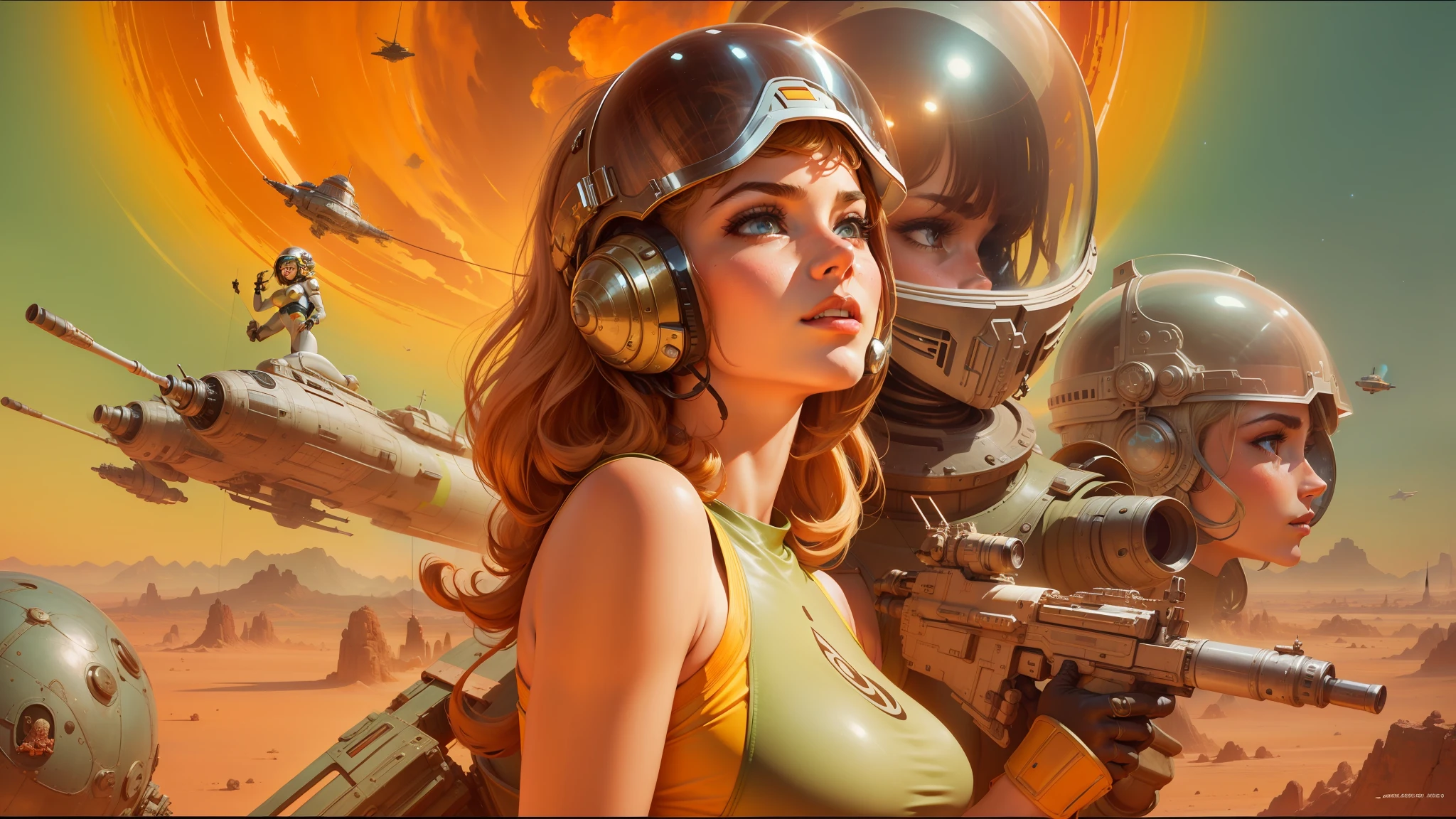 arafed woman in a futuristic space suit with a helmet on, barbarella, beautiful cinematic poster, cinemascope panorama, inspired by Stevan Dohanos, trending on artstaion, by ken kelly, youtube thumbnail, inspired by Eduardo Paolozzi, circa 1970, tank girl --auto --s2
