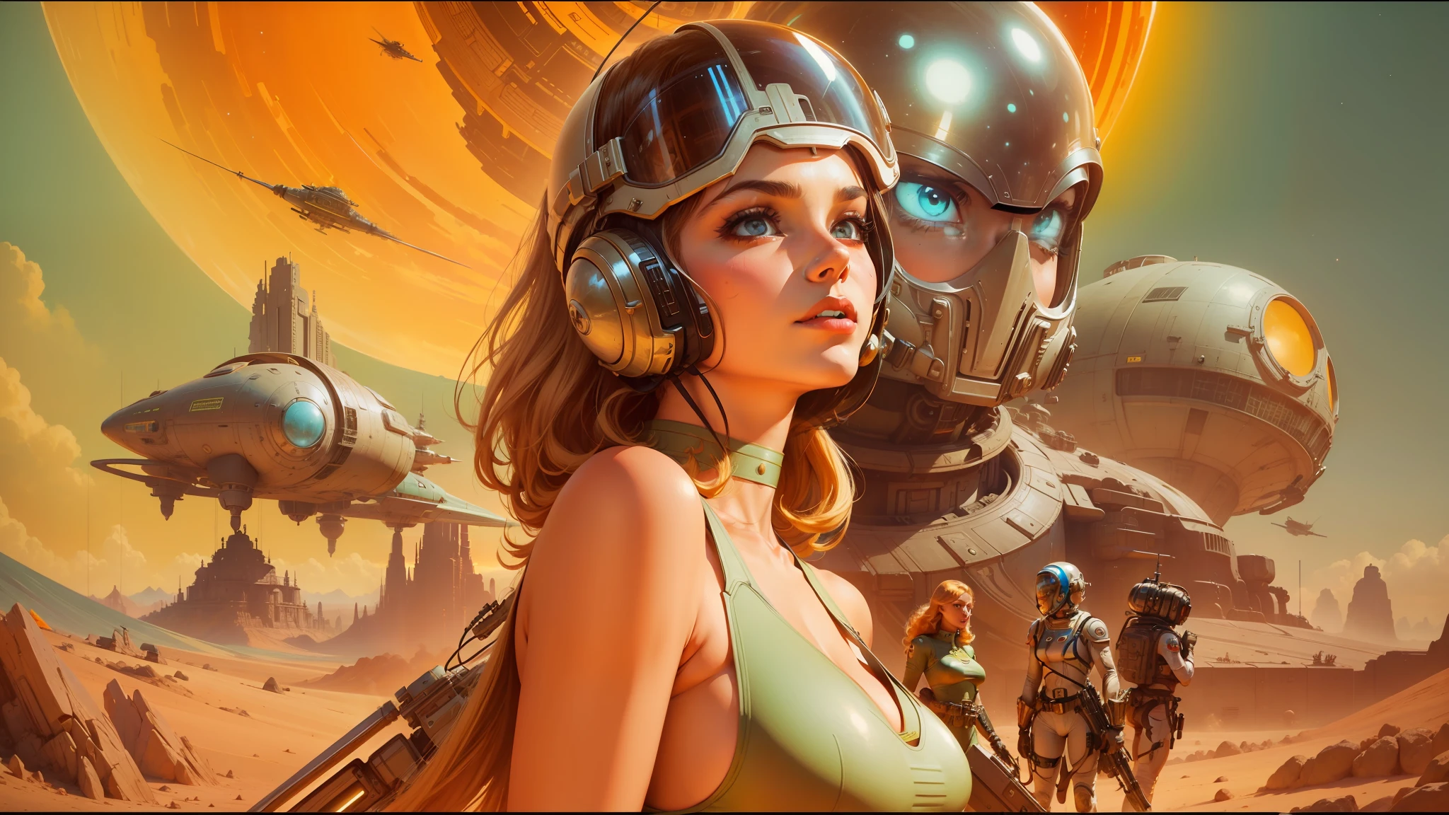 arafed woman in a futuristic space suit with a met on, barbarella, beautiful cinematic poster, cinemascope panorama, inspired by Stevan Dohanos, trending on artstaion, by ken kelly, youtube thumbnail, inspired by Eduardo Paolozzi, circa 1970, tank girl --auto --s2