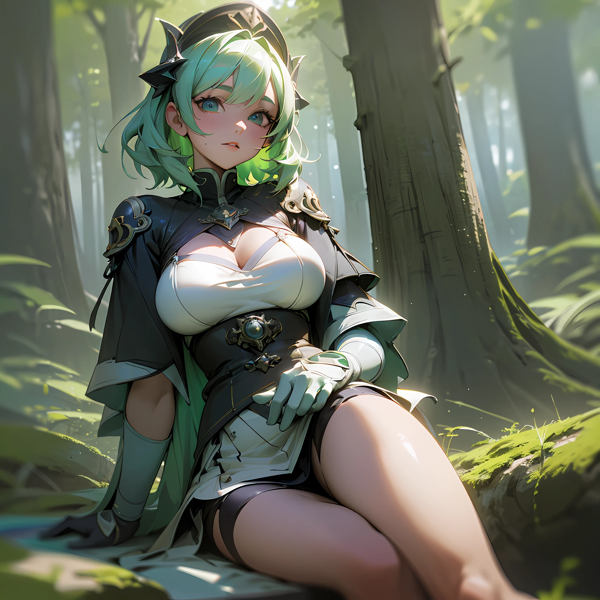 ((Best quality)), ((masterpiece)), (detailed:1.4), 3D, an image of very short wavy hair, light green hair girl, sensual pose, sexy and beautifull girl, extremly beautifull young girl, wearing regal outfit, sitting on the forest, HDR (High Dynamic Range),Ray Tracing,NVIDIA RTX,Super-Resolution,Unreal 5,Subsurface scattering,PBR Texturing,Post-processing,Anisotropic Filtering,Depth-of-field,Maximum clarity and sharpness,Multi-layered textures,Albedo and Specular maps,Surface shading,Accurate simulation of light-material interaction,Perfect proportions,Octane Render,Two-tone lighting,Wide aperture,Low ISO,White balance,Rule of thirds,8K RAW,