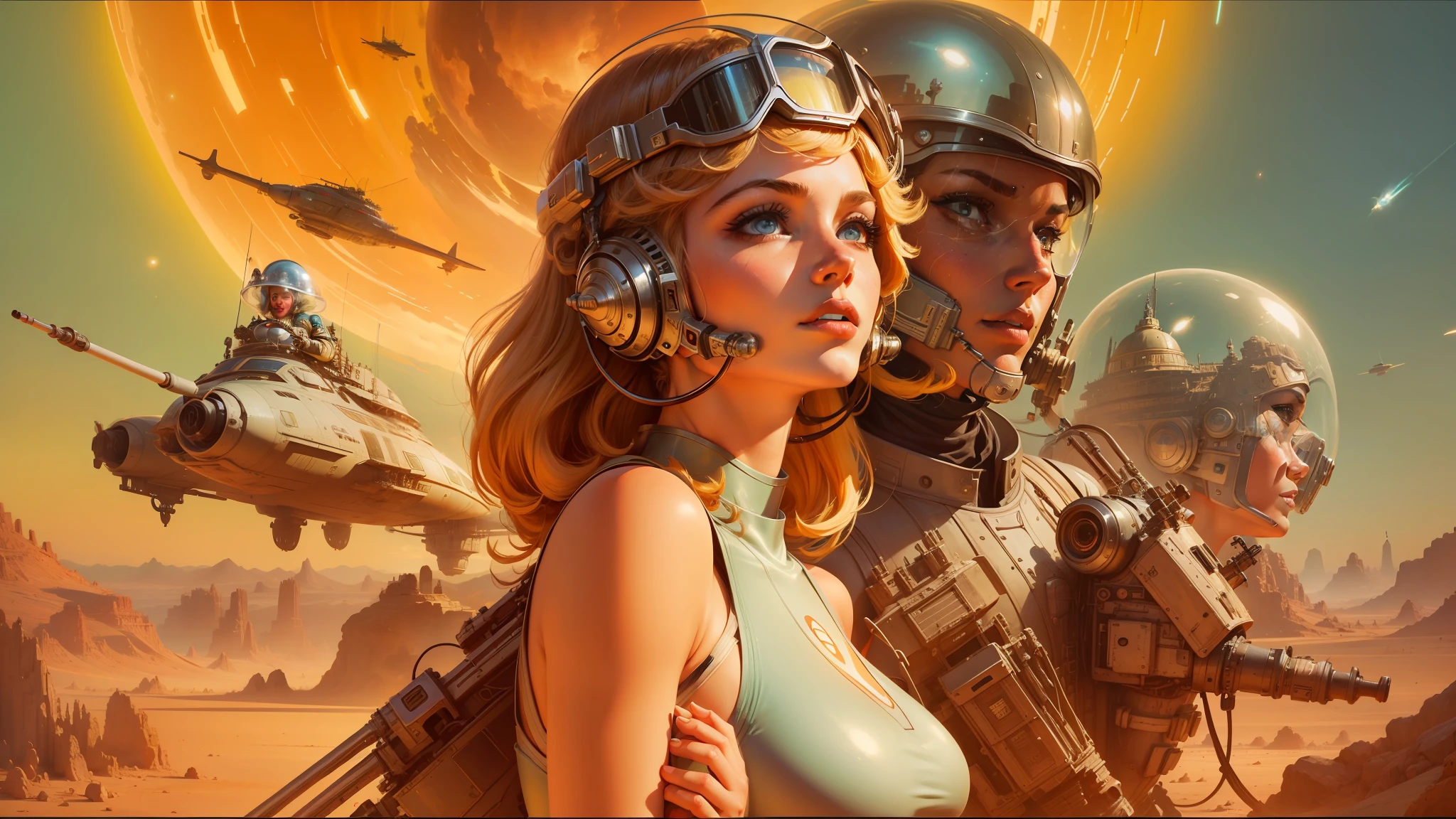 arafed woman in a futuristic space suit with a helmet on, barbarella, beautiful cinematic poster, cinemascope panorama, inspired by Stevan Dohanos, trending on artstaion, by ken kelly, youtube thumbnail, inspired by Eduardo Paolozzi, circa 1970, tank girl --auto --s2