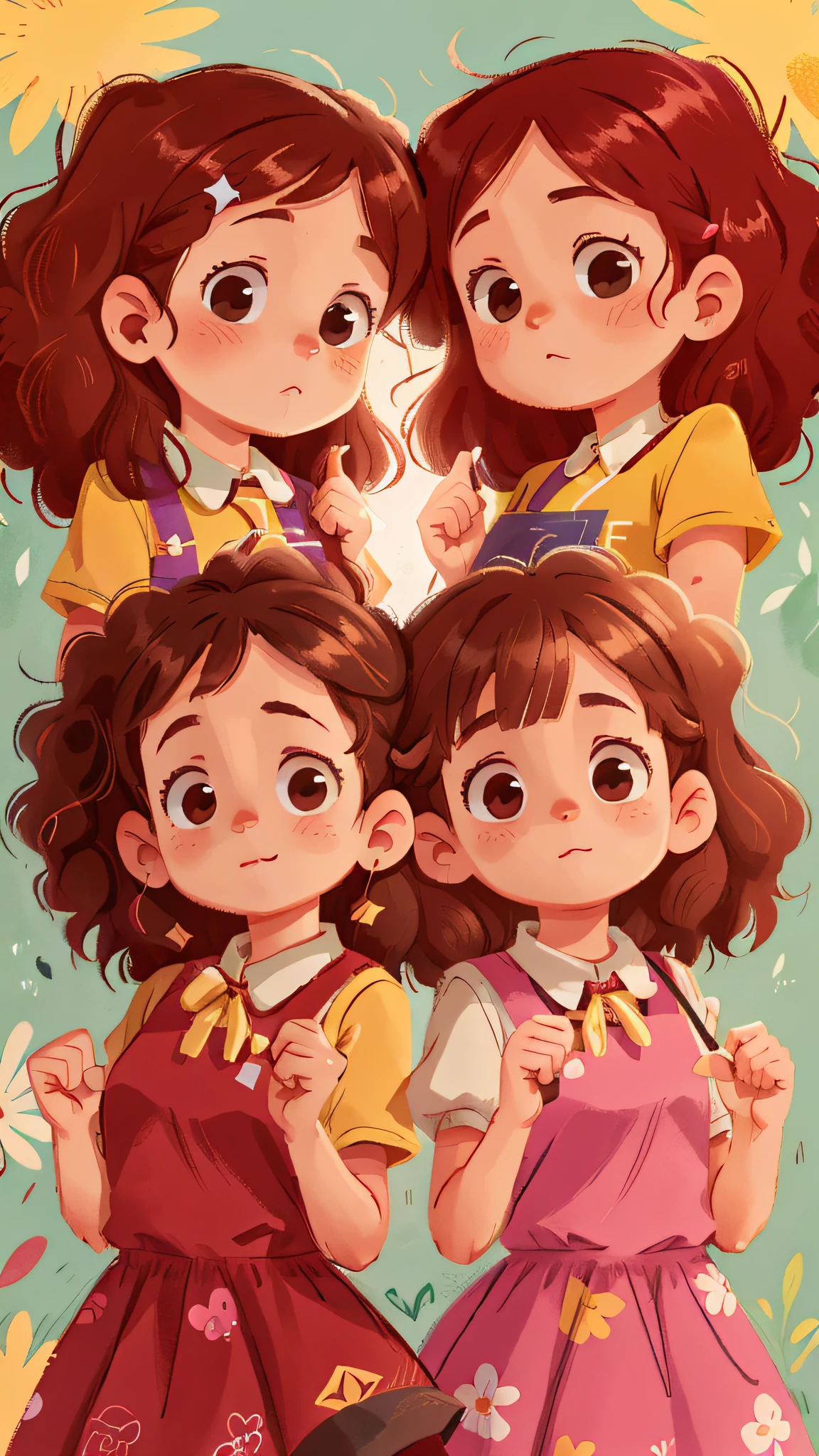 Two girls, twins, curly brown hair,