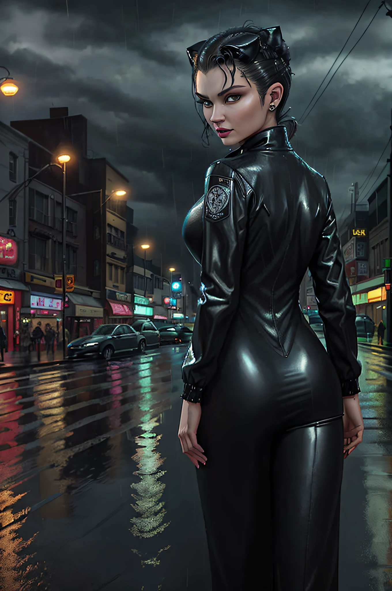(masterpiece) (insane details) (real) (raytraced) , ultra realistic CATWOMEN, Selina Kyle, badass, cool, amazing, night time raining, doing a classic catwoman turning back looking at camera powerful pose, (detailed rain coat) night time, water reflections from the road rain water, neon shop signs, dramatic night lights, chinatown, crazy detailed, (fabulous) (facial expressions)