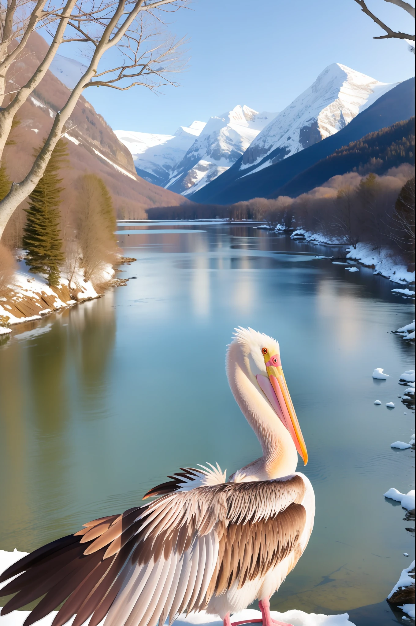 A pelican in selfie, photorealistic icy river winter at ground level, dark trees without snow leaves in the hills