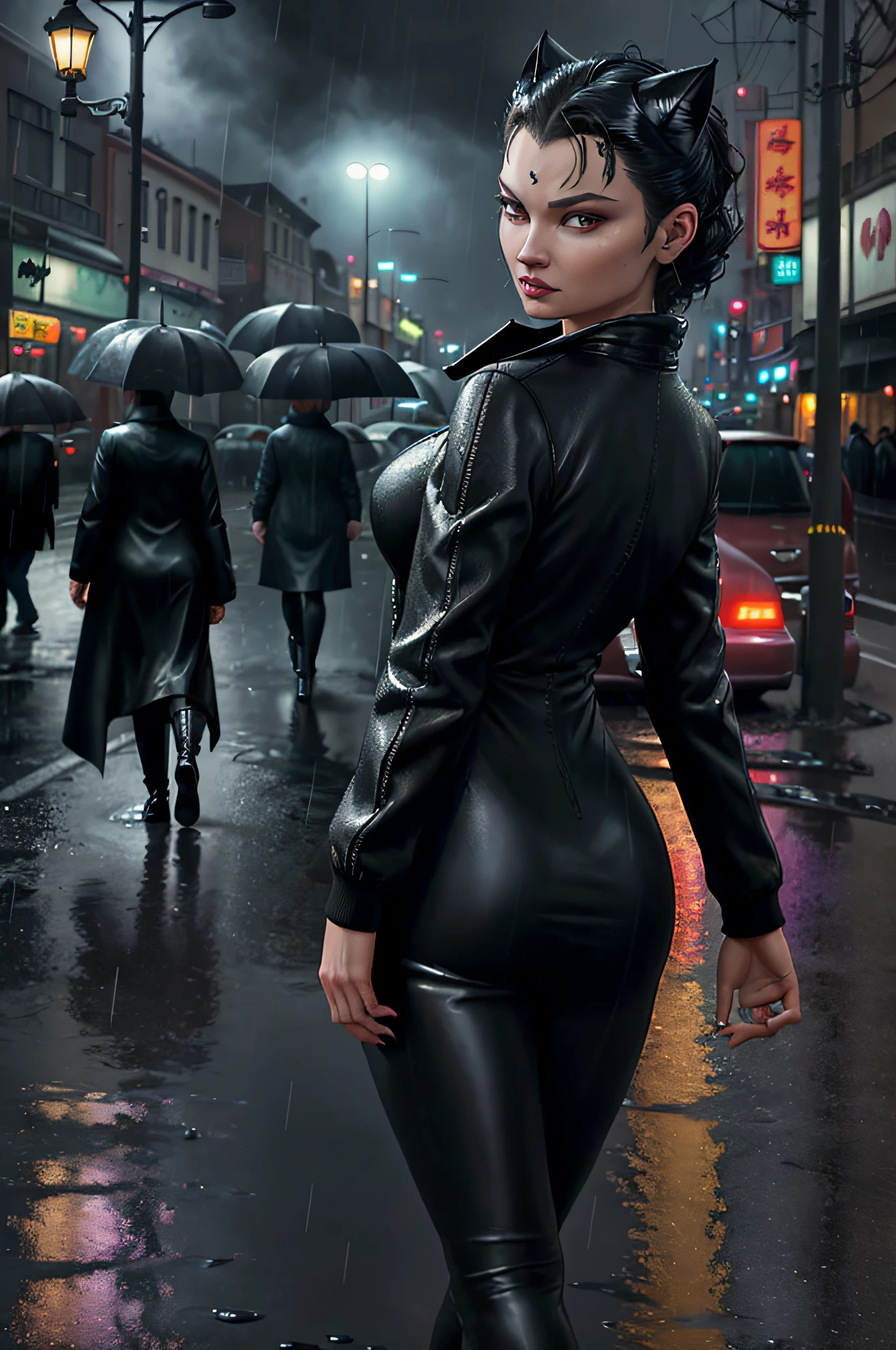 (masterpiece) (insane details) (real) (raytraced) , ultra realistic CATWOMEN, Selina Kyle, badass, cool, amazing, night time raining, doing a classic catwoman turning back looking at camera powerful pose, (detailed rain coat) night time, water reflections from the road rain water, neon shop signs, dramatic night lights, chinatown, crazy detailed, (fabulous) (facial expressions)