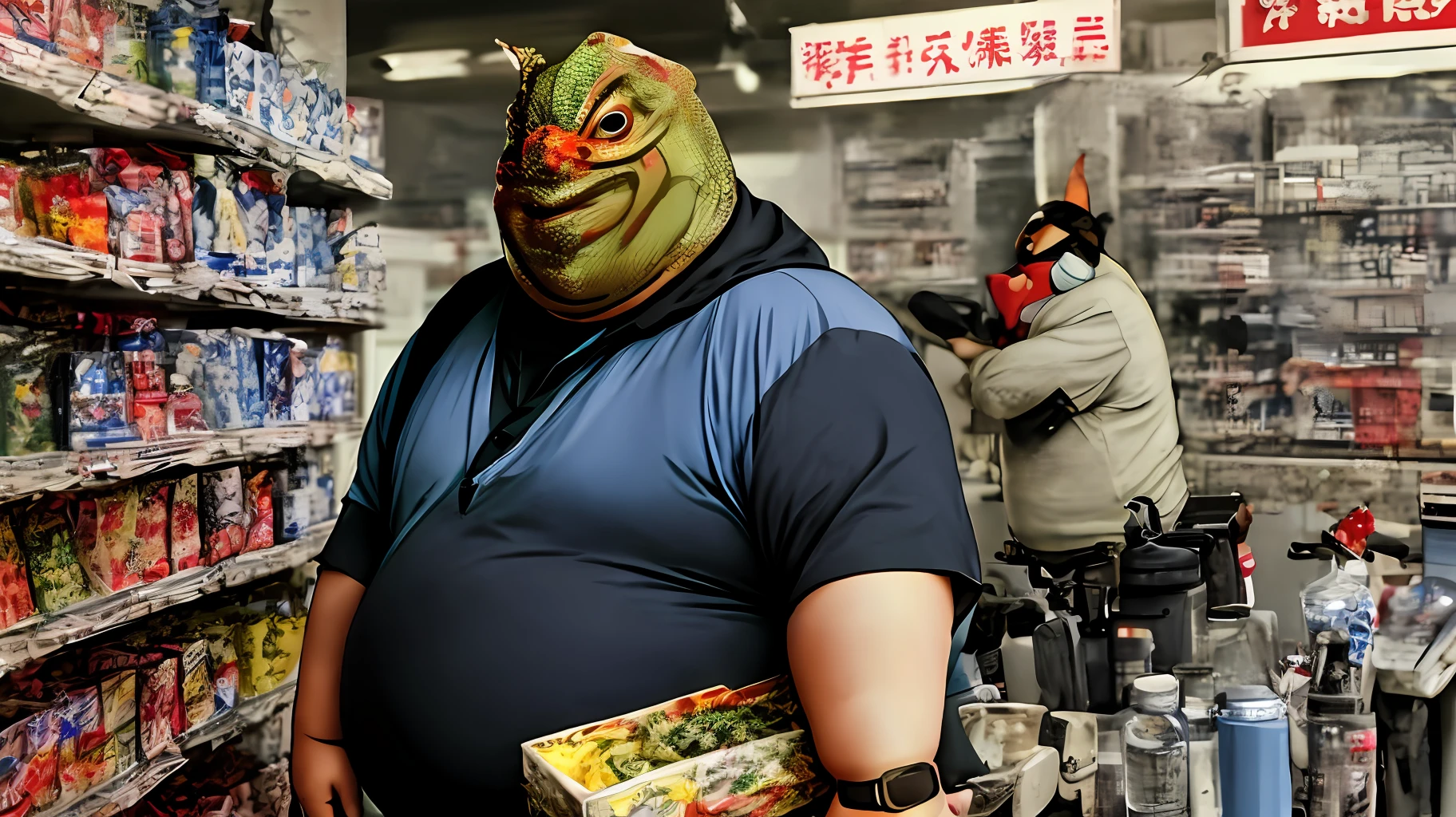 A fat man from the eighties in China, (wearing a lizard mask) with a rubber-like hood, is ready for battle in a convenience store with a nail gun