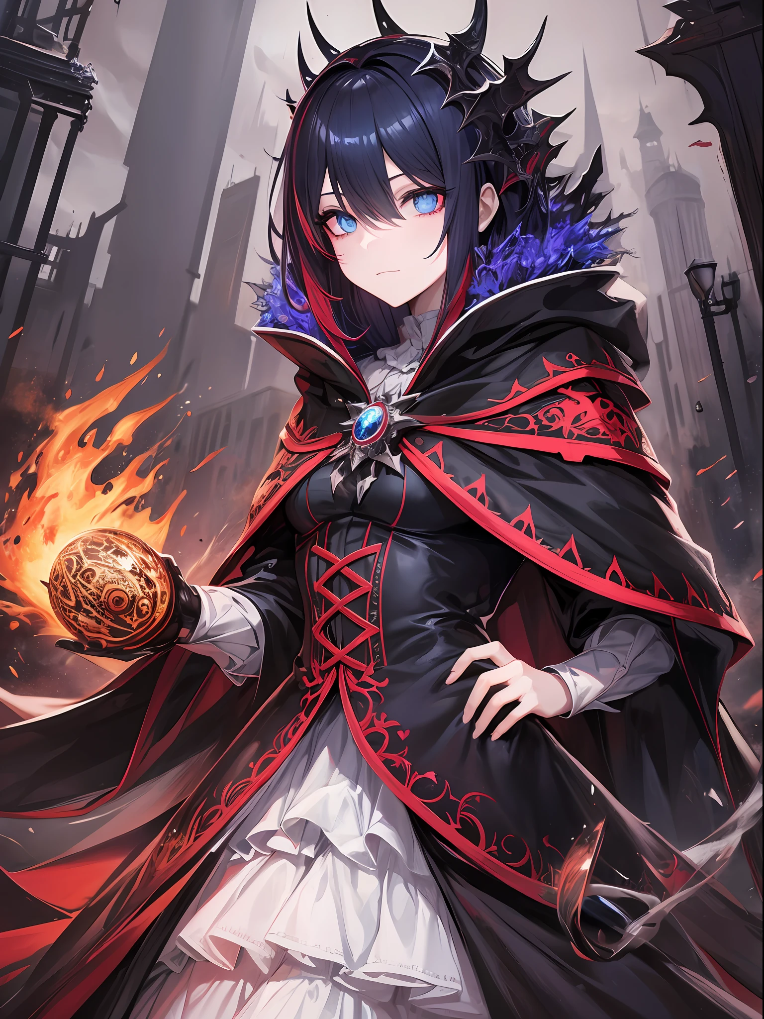 dark background, scary background, monster, cool, scary, girl, shining eyes, light eyes, sharp eyes, royal cloak, masterpiece, absurdres, high quality, red, blue,