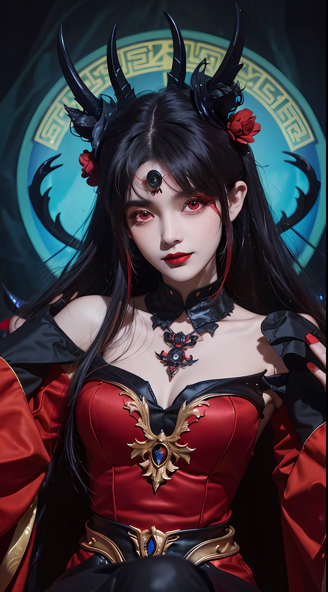 1 beautiful devil woman from hell, In the Dark: 1.6), surreal female portrait by David Hockney and Alphonse Mucha, fantasy art, korea doll, photorealism, dynamic lighting, artstation, poster, volumetric lighting, very detailed faces, 8k ultra, Awarded, in the dark, deep shadow, low key, cowboy lens, (Red phoenix dress: 1.4), long hair, black hair, bust, luxurious palace, Royal style, devil crown, red eyes make up very sharp and detailed, The most beautiful face, big and regular breasts, Super realistic, chinese women's clothing, polo neck sweater, Charming smile, The eyes are very well made up, guweiz, devil style, loong, wearing black mesh socks, 2 bangs braided hair, Red lips, Devil tattoo on shoulder, wearing a thin red and black robe, the landscape is overcast and thunderous, (Portrait),Close-up of the main character, (Background details 1.8)
