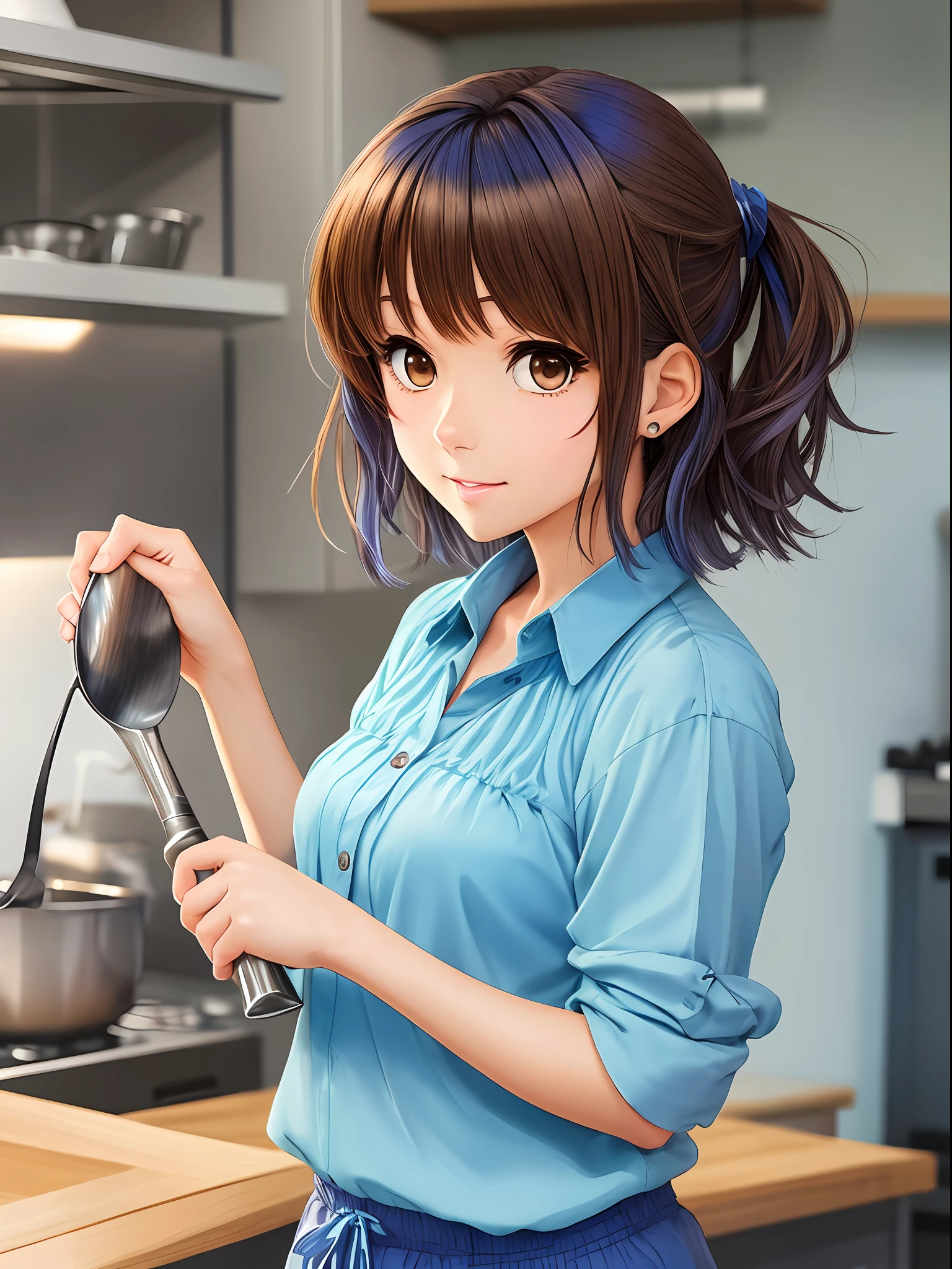 1 anime style girl, brown eyes, short brown hair with (blue locks), wears a light blue blouse and shorts, at home cooking, super detailed