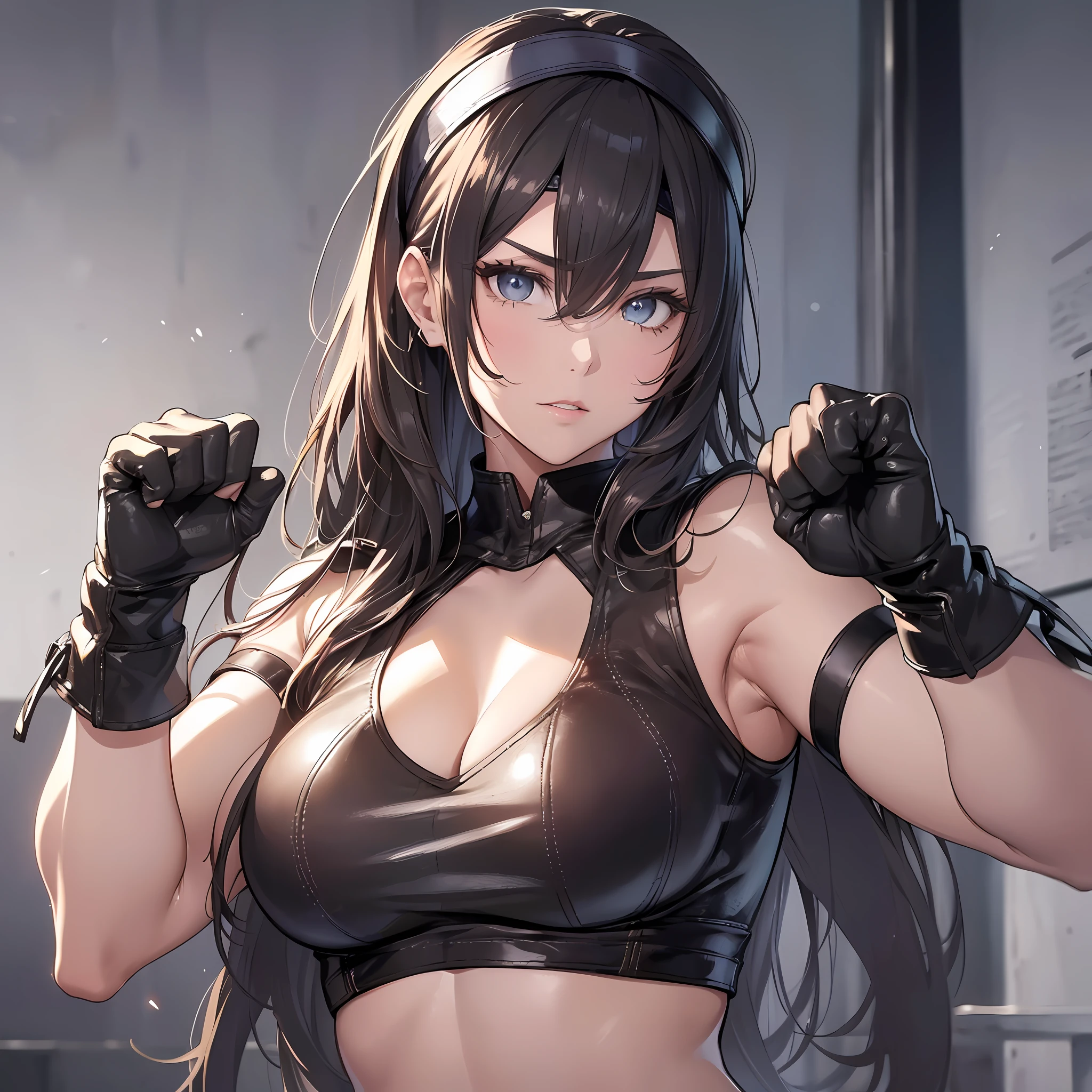 ((super fine illustration, 8k, Masterpiece :1.2, Sharp focus :1.2, depth of field:1.2, cinematic lighting)), A woman who uses martial arts, she is beautiful and strong, stronger and stronger than anyone else, and she loves to be seen by everyone, it feels so good to be seen, so she always wears glamorous clothes, Beautiful skin, face, body and attractive big breasts. Her strength and beauty inspire people,((martial arts uniform:1,2)), ((leather glove)), ((headband)) --auto --s2