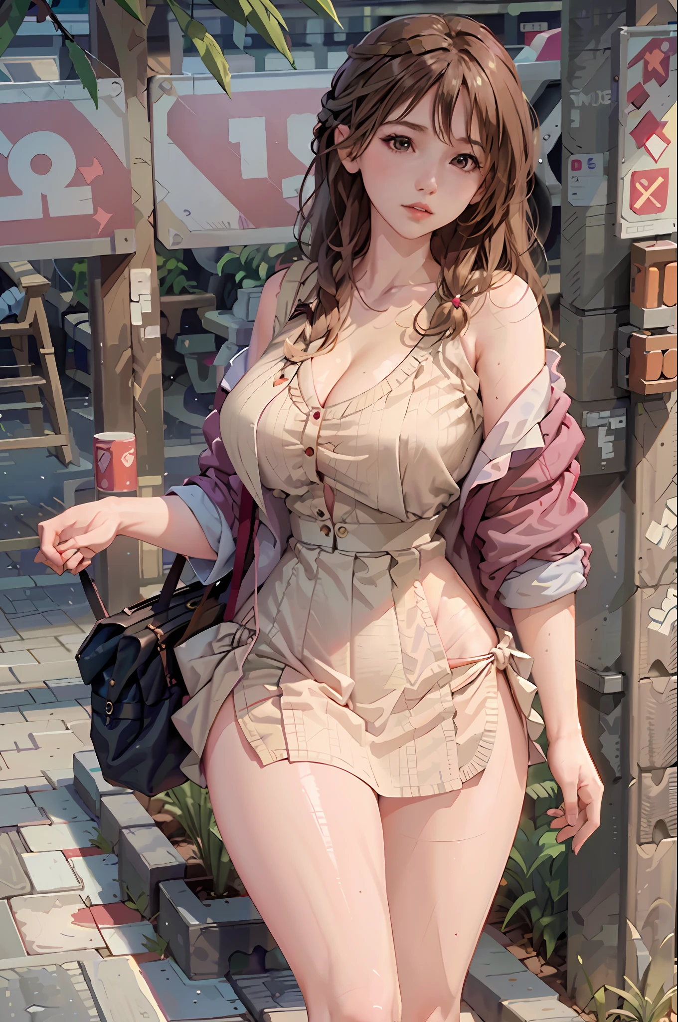 Masterpiece, best quality, 1 girl, young girl, coffee eyes, pink, braid hairstyle, worry about _face, shiny skin, large breasts, beautiful leg line: 1.3, thick thighs, thin waist, White_button-up_shirt, denim_cutoffs, strappy_sandals, crossbody_bag, layered_necklaces, city view, looking at the audience, from the front, Upper body, Masterpiece: 1.2, best quality), realistic, (real picture, rich details details, depth of field), (1girl, solo), makeup, cleft lip, high detail, perfect face shape, (big breasts: 1.4), (skindentation), thick thighs , wide hips, thin waist,