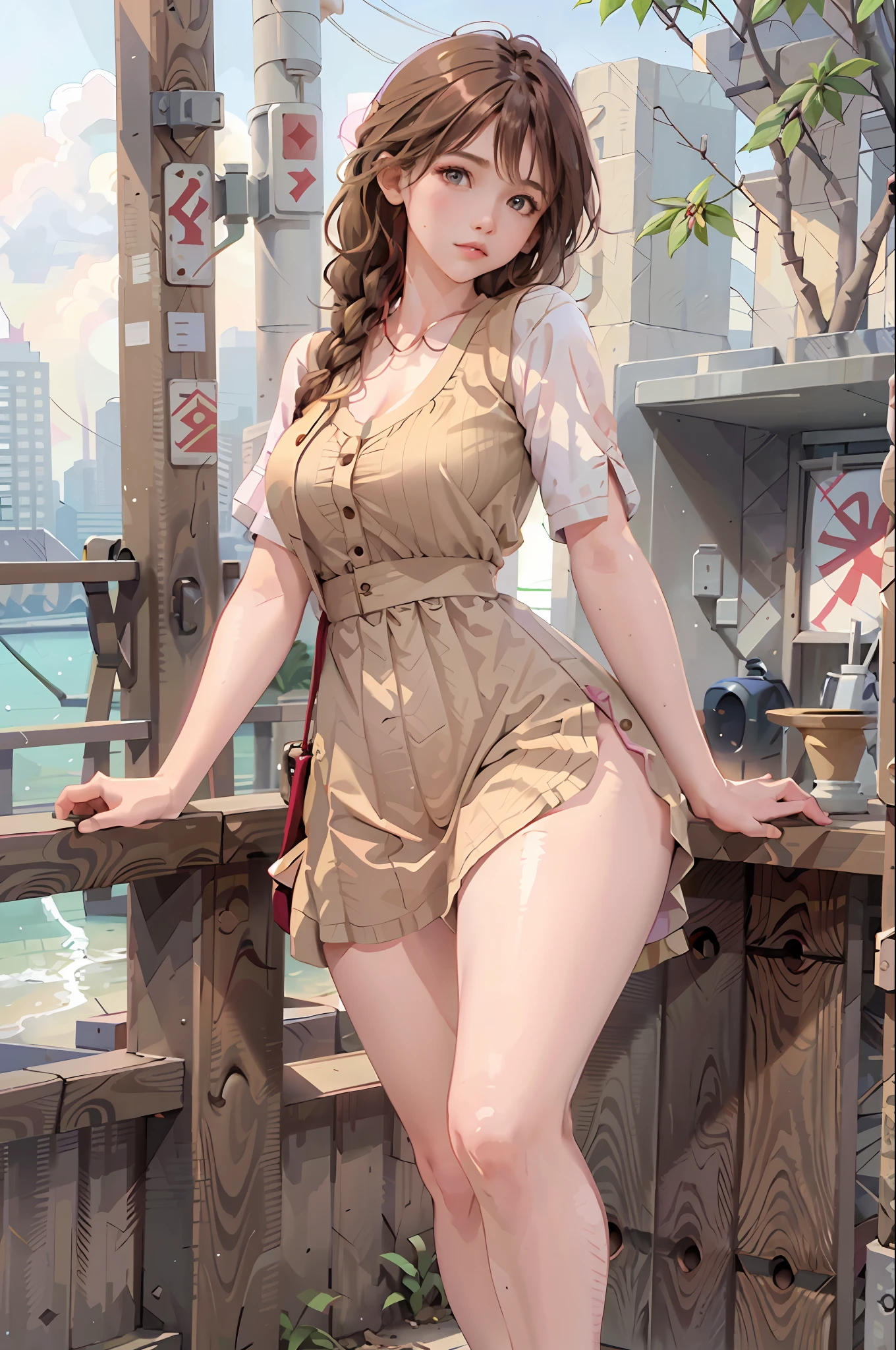 Masterpiece, best quality, 1 girl, young girl, coffee eyes, pink, braid hairstyle, worry about _face, shiny skin, large breasts, beautiful leg line: 1.3, thick thighs, thin waist, White_button-up_shirt, denim_cutoffs, strappy_sandals, crossbody_bag, layered_necklaces, city view, looking at the audience, from the front, Upper body, Masterpiece: 1.2, best quality), realistic, (real picture, rich details details, depth of field), (1girl, solo), makeup, cleft lip, high detail, perfect face shape, (big breasts: 1.4), (skindentation), thick thighs , wide hips, thin waist,