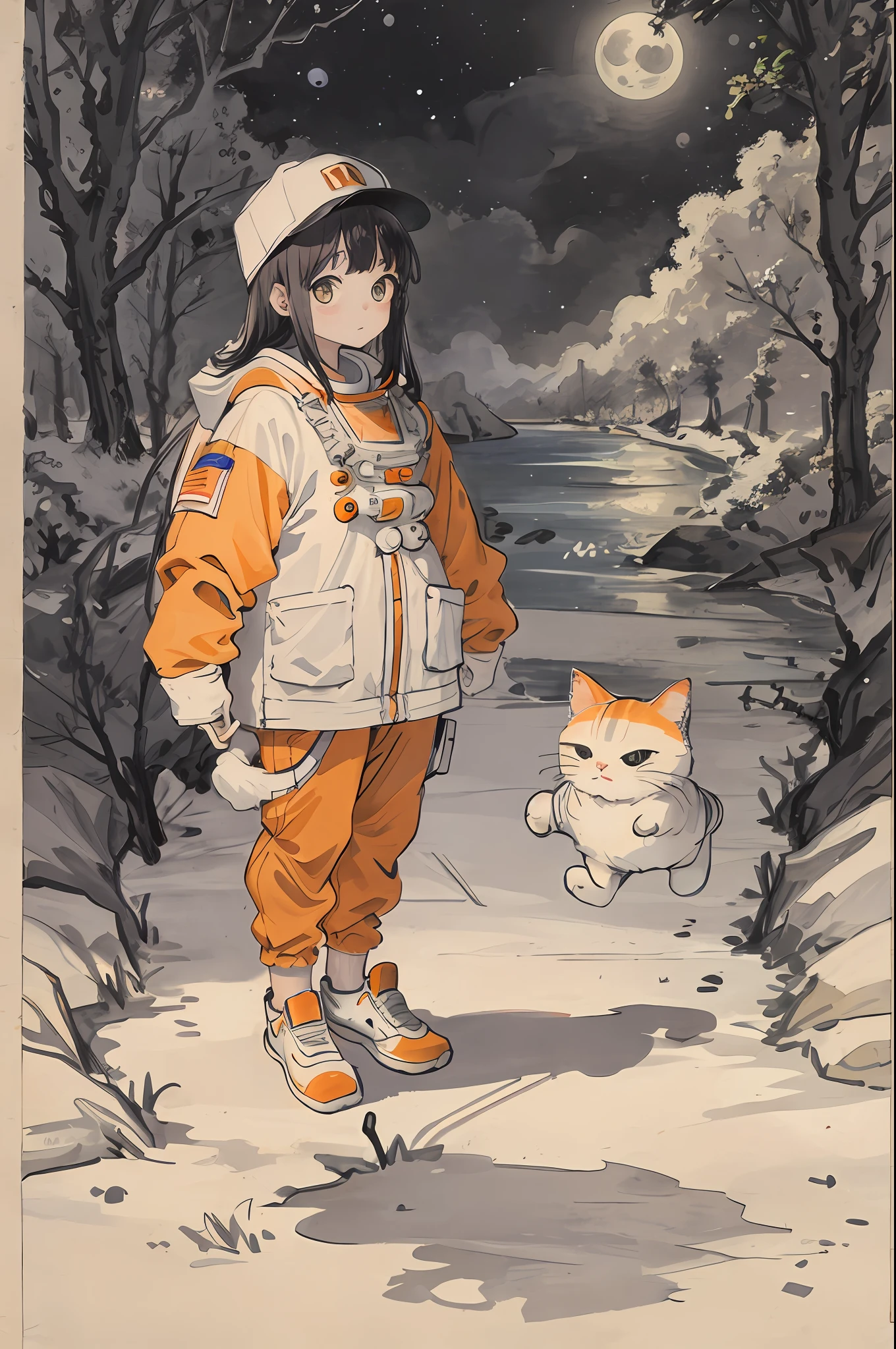 astronaut cat,orange,cute,big eyes,masterpiece,full moon,alley