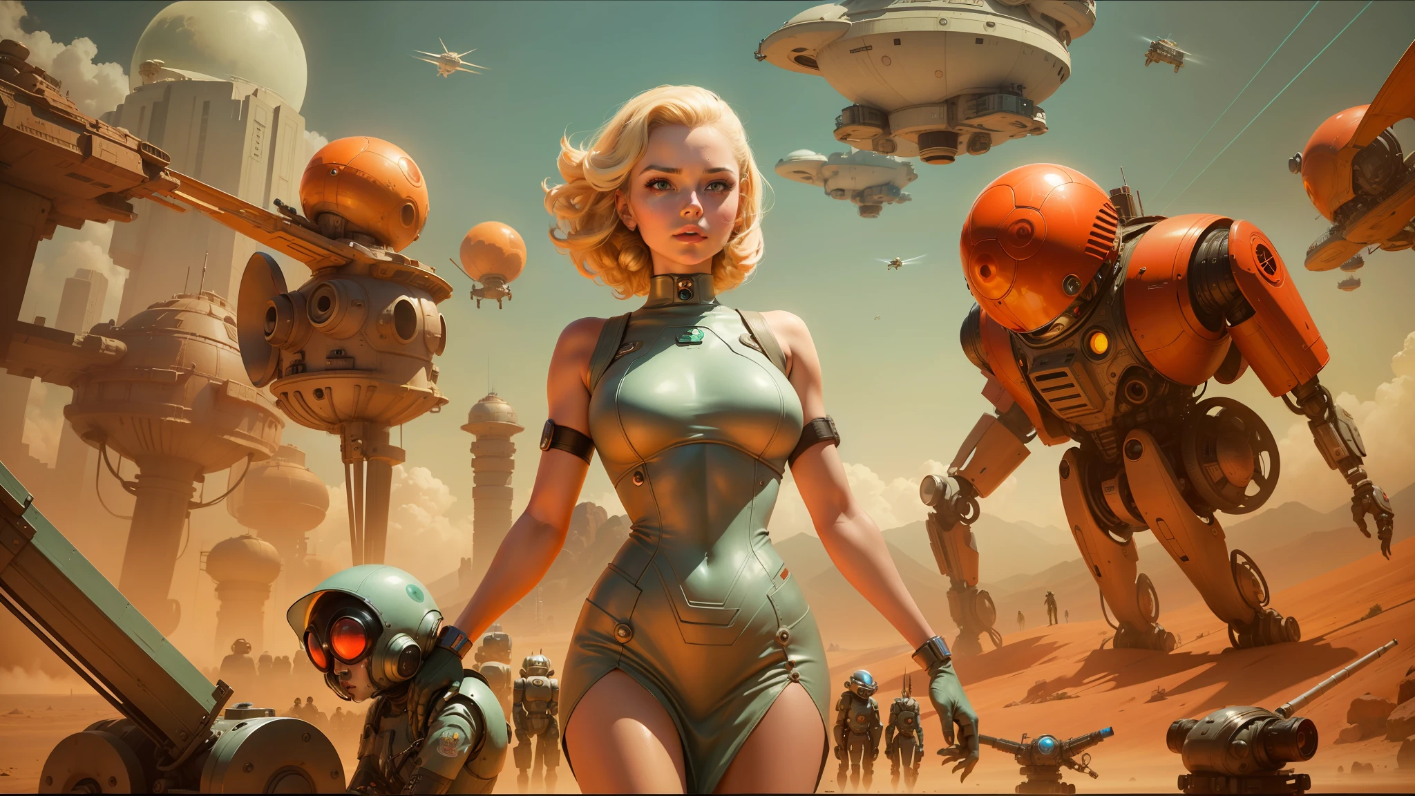 there is a woman in a bodysuit standing in front of a bunch of robots, retro sci - fi art, cgsociety ), mars attacks, war art, blonde girl in a cosmic dress, inspired by Stevan Dohanos, energetic beings patrolling, james jean aesthetic, old retro pulp, chrome art, trending on artstattion, movie still of the alien girl --auto --s2