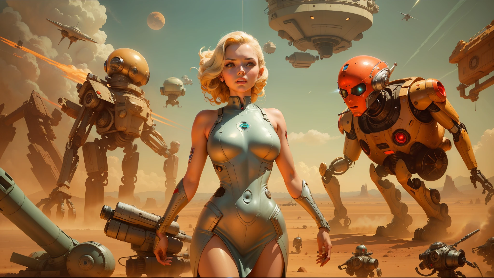 there is a woman in a bodysuit standing in front of a bunch of robots, retro sci - fi art, cgsociety ), mars attacks, war art, blonde girl in a cosmic dress, inspired by Stevan Dohanos, energetic beings patrolling, james jean aesthetic, old retro pulp, chrome art, trending on artstattion, movie still of the alien girl --auto --s2