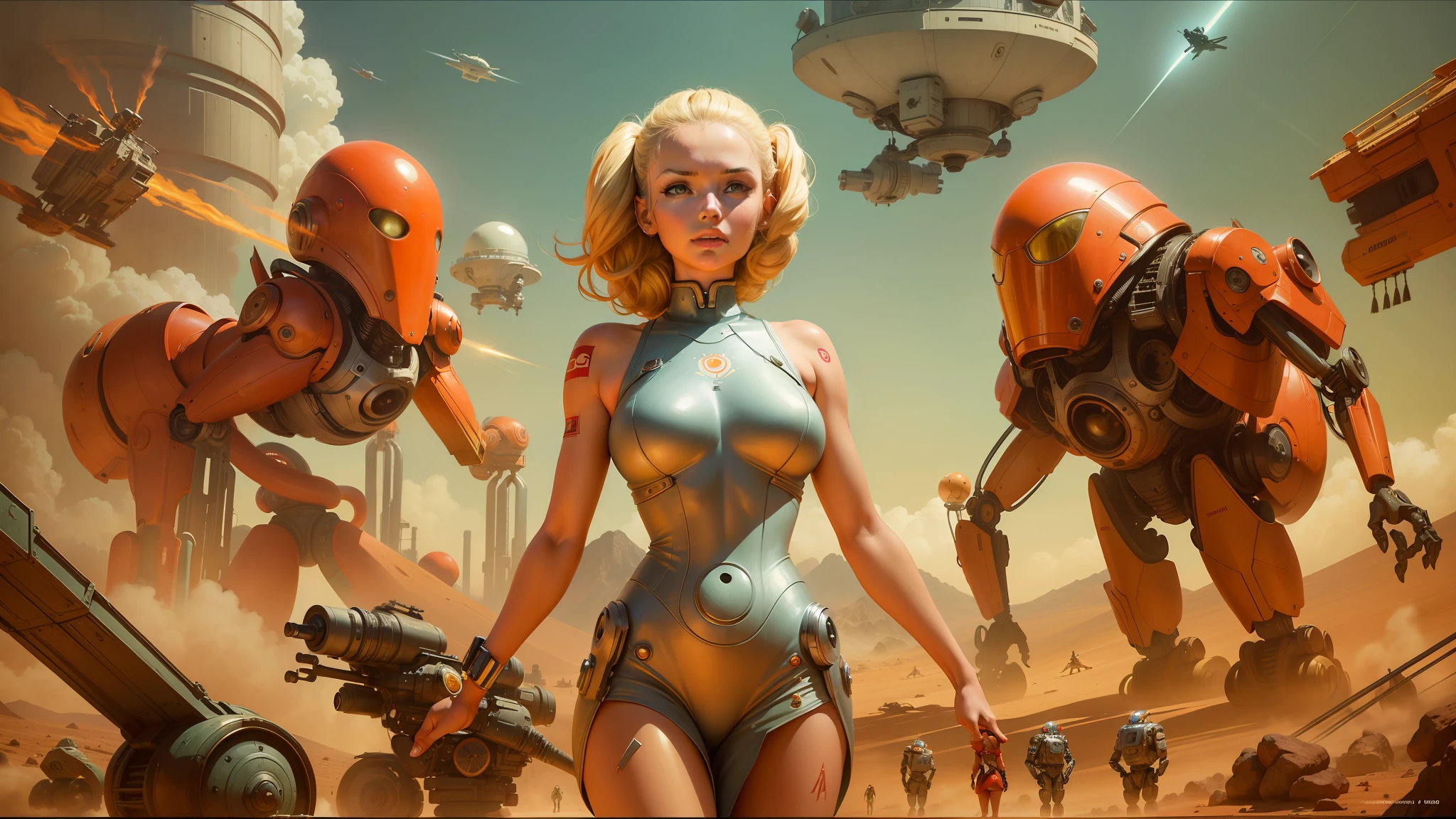 there is a woman in a bodysuit standing in front of a bunch of robots, retro sci - fi art, cgsociety ), mars attacks, war art, blonde girl in a cosmic dress, inspired by Stevan Dohanos, energetic beings patrolling, james jean aesthetic, old retro pulp, chrome art, trending on artstattion, movie still of the alien girl --auto --s2