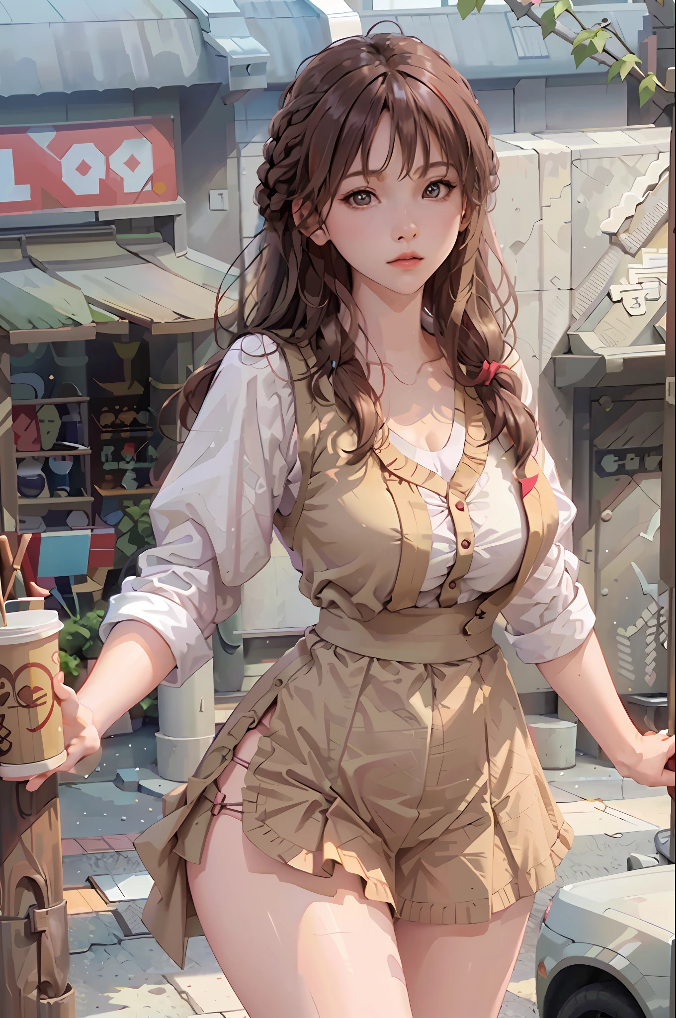 Masterpiece, best quality, 1 girl, young girl, coffee eyes, pink, braid hairstyle, worry about _face, shiny skin, large breasts, beautiful leg line: 1.3, thick thighs, thin waist, White_button-up_shirt, denim_cutoffs, strappy_sandals, crossbody_bag, layered_necklaces, city view, looking at the audience, from the front, Upper body, Masterpiece: 1.2, best quality), realistic, (real picture, rich details details, depth of field), (1girl, solo), makeup, cleft lip, high detail, perfect face shape, (big breasts: 1.4), (skindentation), thick thighs , wide hips, thin waist,