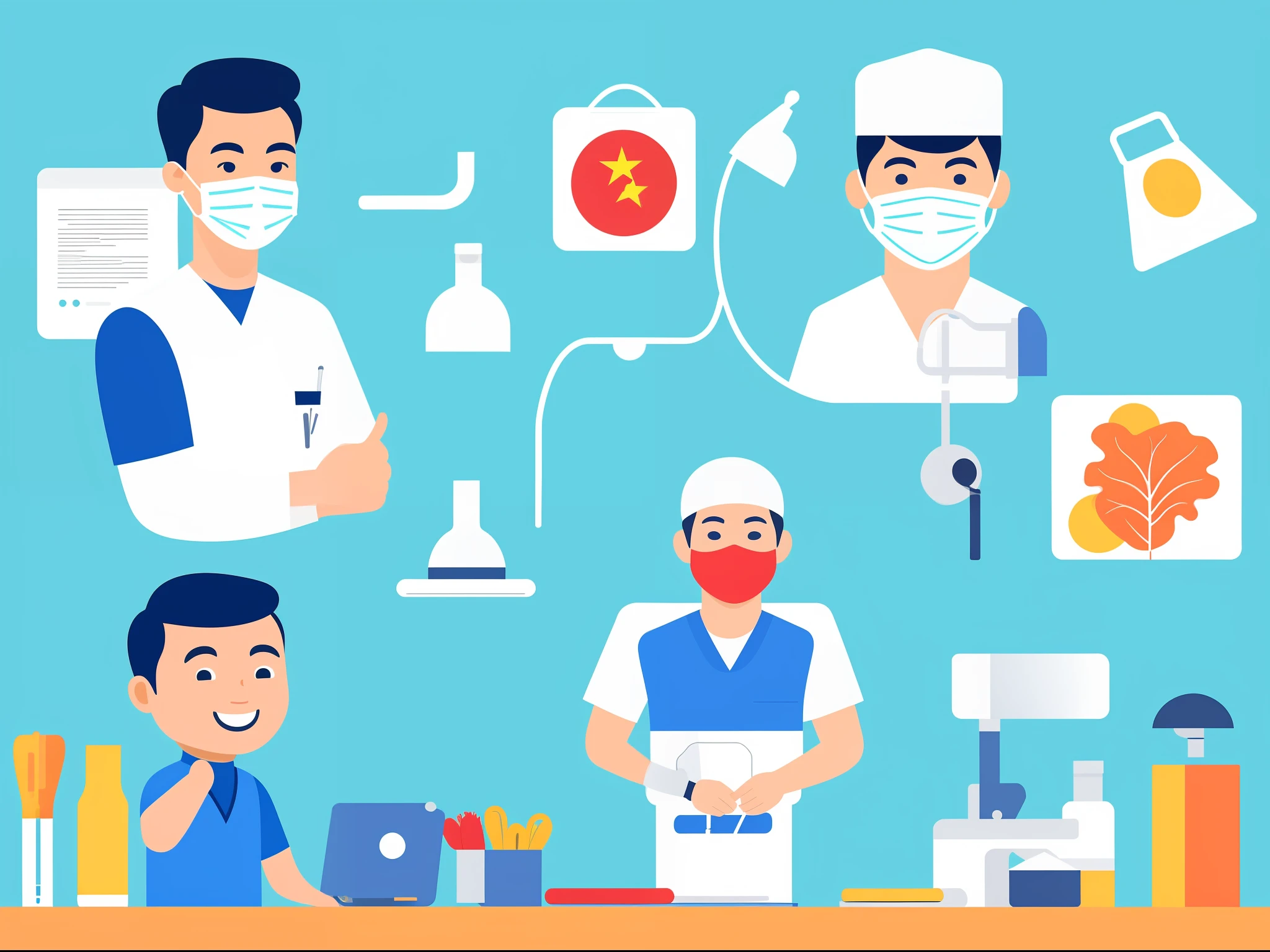 A young Chinese male surgeon wearing a mask performs surgery in the operating room, full body photo, flat style, minimalism, color low saturation, UI illustration, white background, bright tone