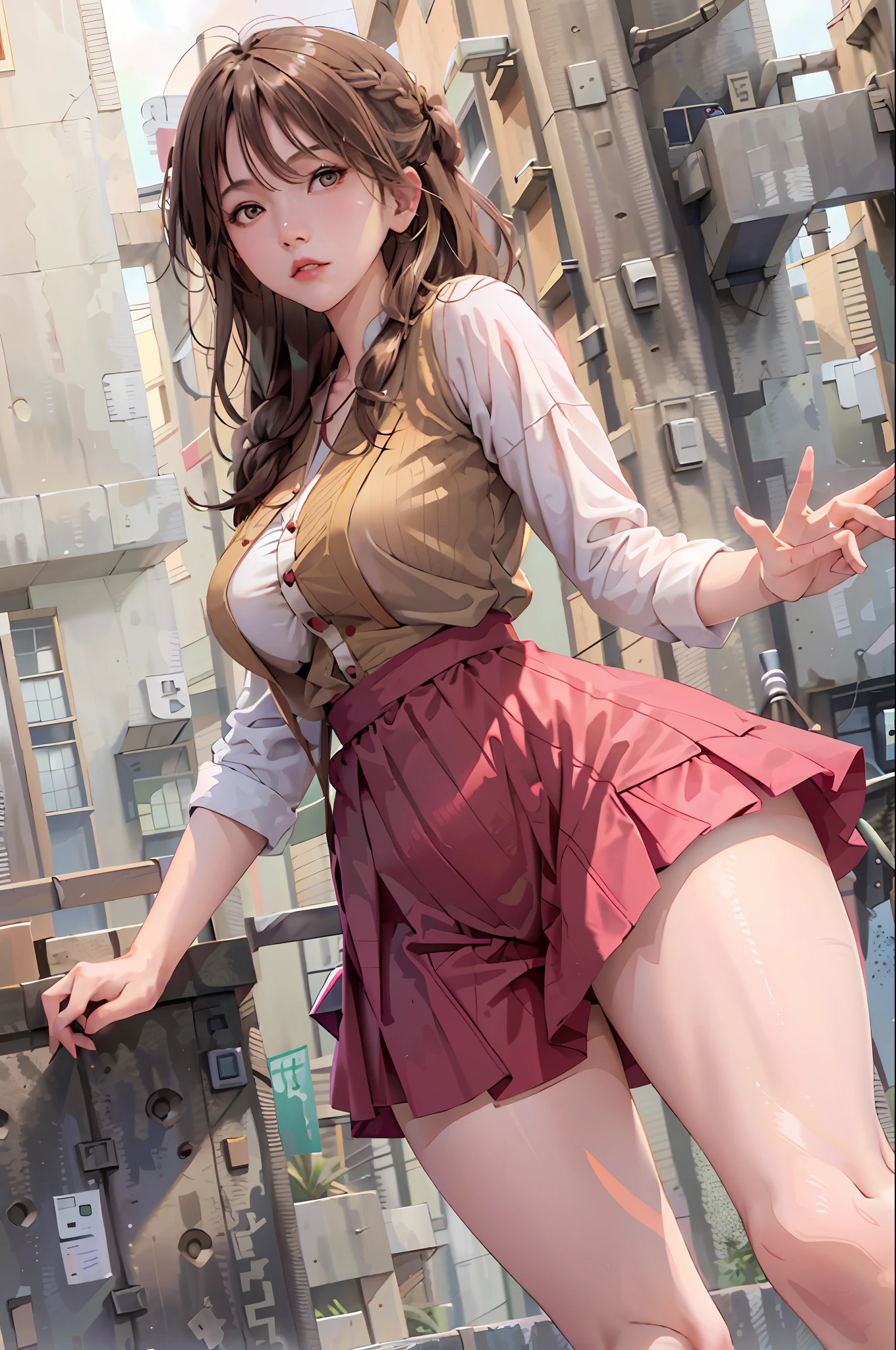 Masterpiece, best quality, 1 girl, young girl, coffee eyes, pink, braid hairstyle, worry about _face, shiny skin, large breasts, beautiful leg line: 1.3, thick thighs, thin waist, White_button-up_shirt, denim_cutoffs, strappy_sandals, crossbody_bag, layered_necklaces, city view, looking at the audience, from the front, Upper body, Masterpiece: 1.2, best quality), realistic, (real picture, rich details details, depth of field), (1girl, solo), makeup, cleft lip, high detail, perfect face shape, (big breasts: 1.4), (skindentation), thick thighs , wide hips, thin waist,