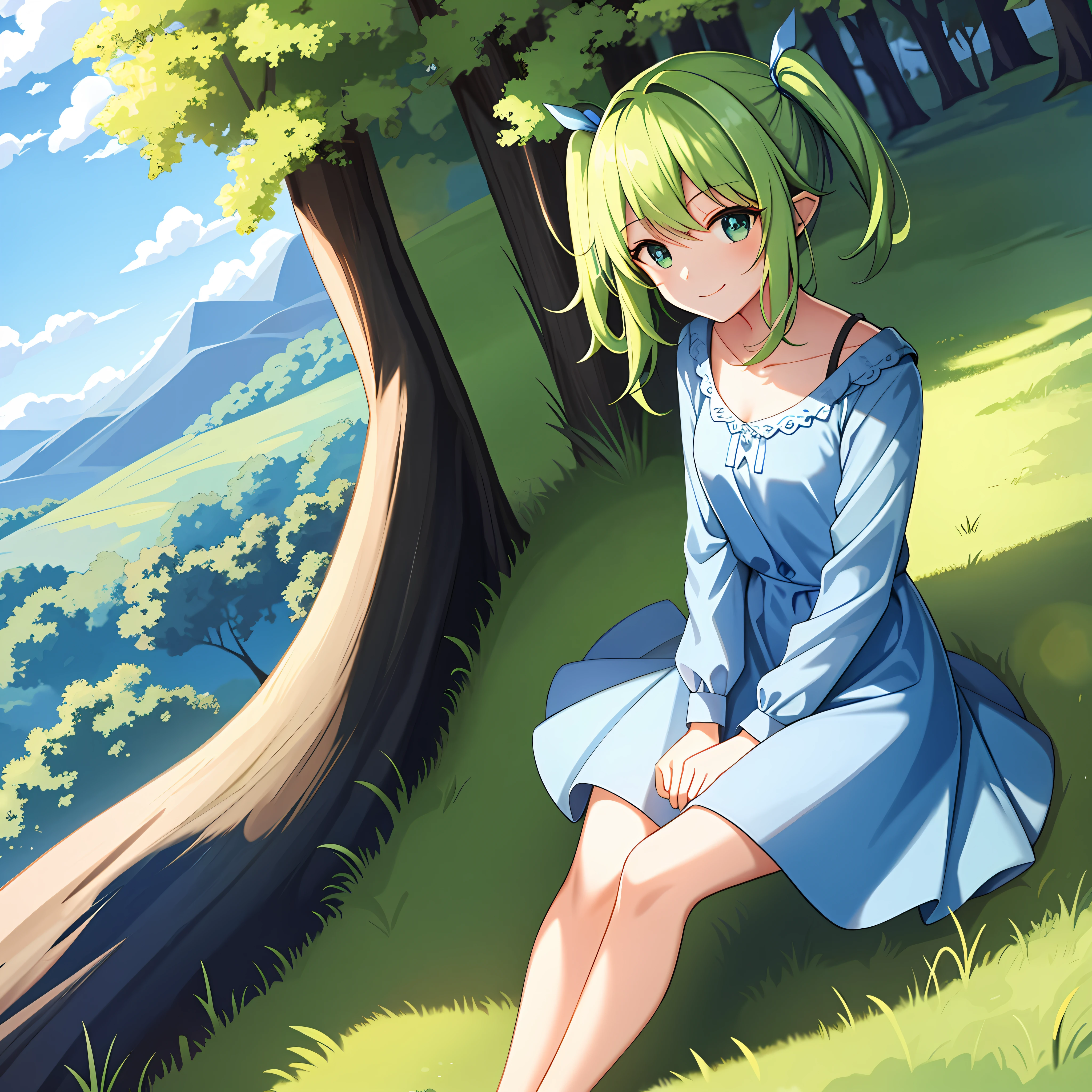 1girl, solo, Maryanne, standing, smile, fairy wings, casual dress, beautiful hands, sitting in a clearing, beautiful blue sky, bright green grass