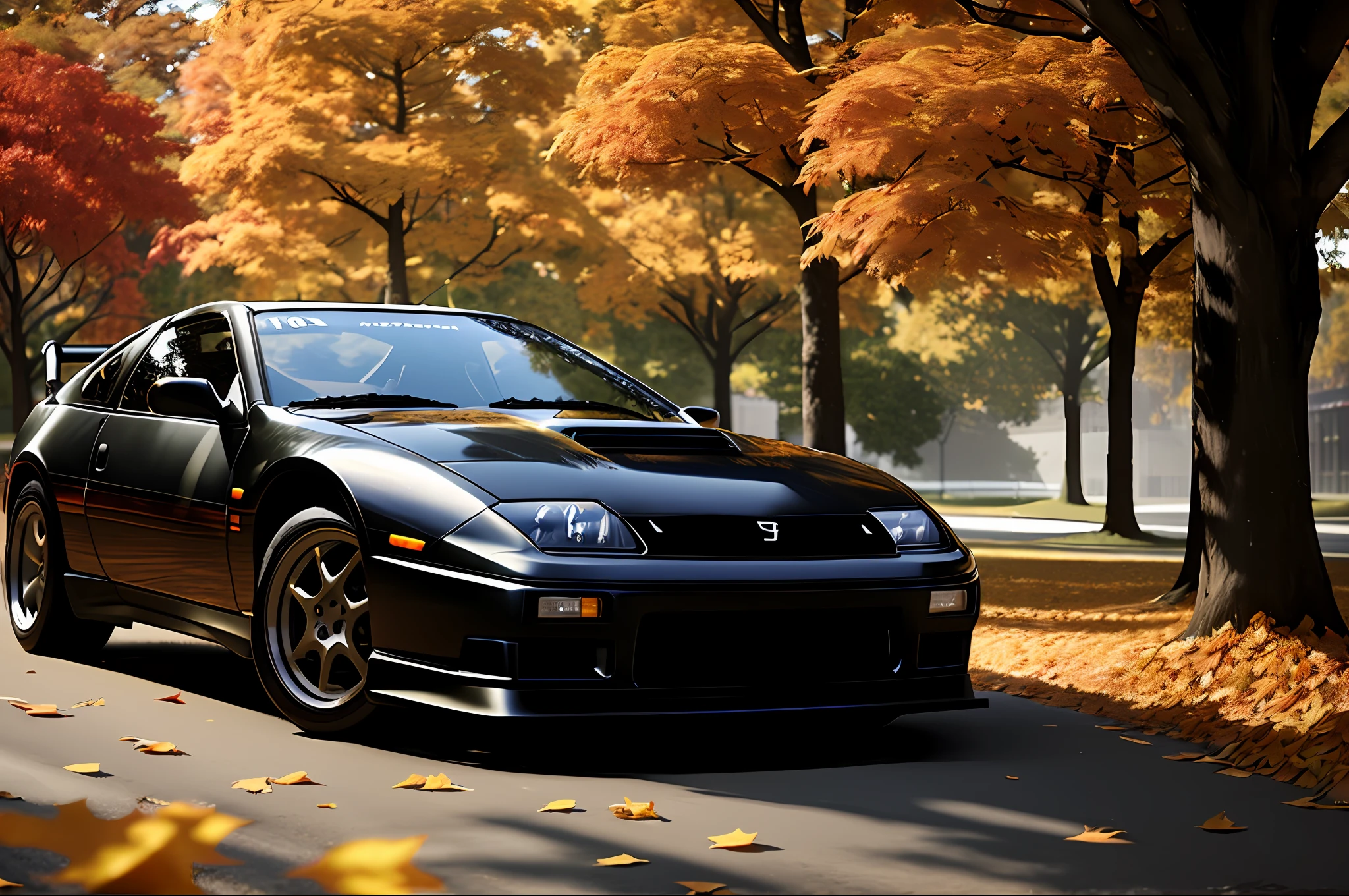 300ZX, black,rally car parked on a street covered with leaves in autumn in a (city:1.3), fall, global illumination, volumetric lighting, best quality, highly detailed, cgi, illustration, octane render,