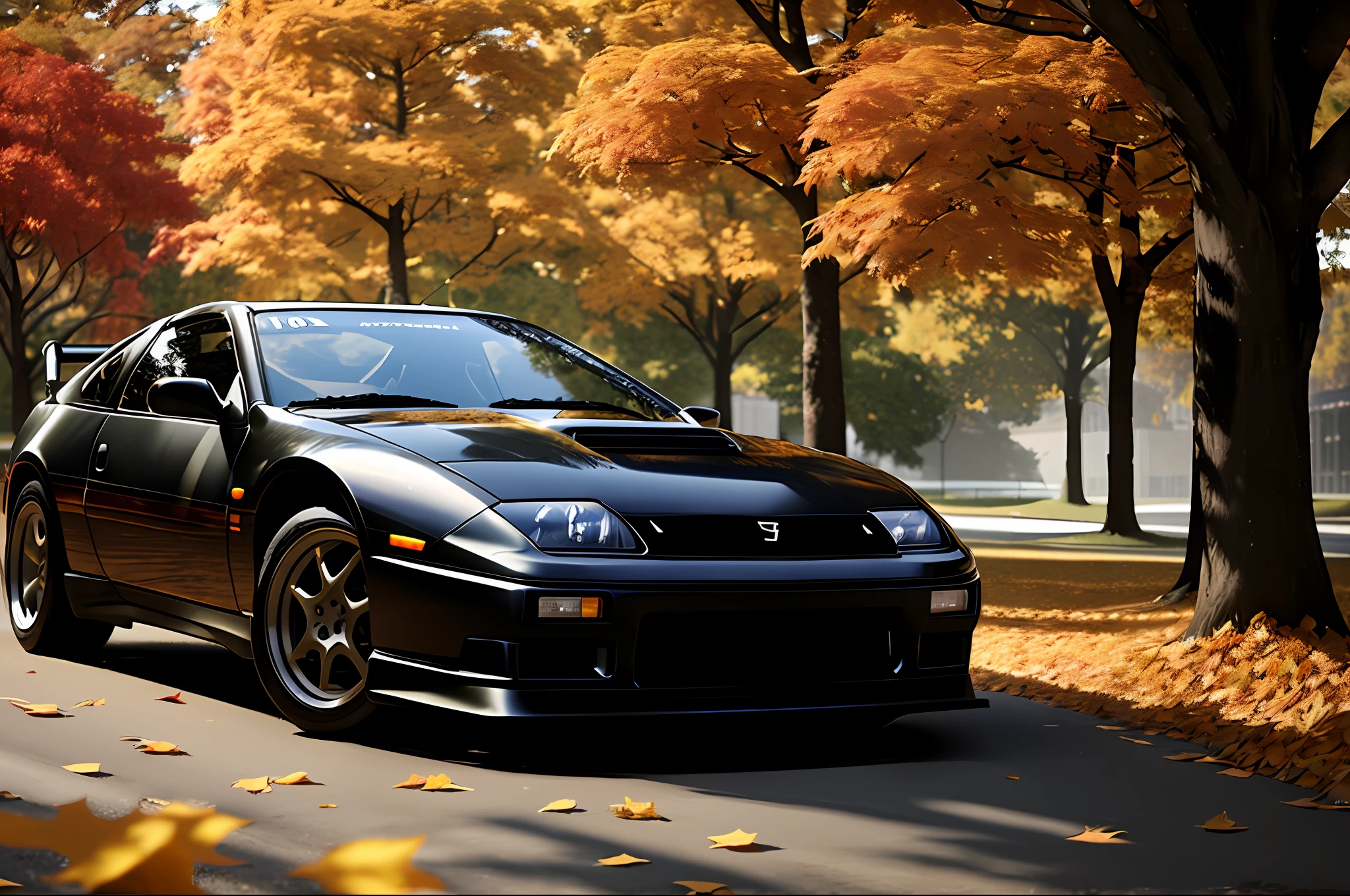 300ZX, black,rally car parked on a street covered with leaves in autumn in a (city:1.3), fall, global illumination, volumetric lighting, best quality, highly detailed, cgi, illustration, octane render,