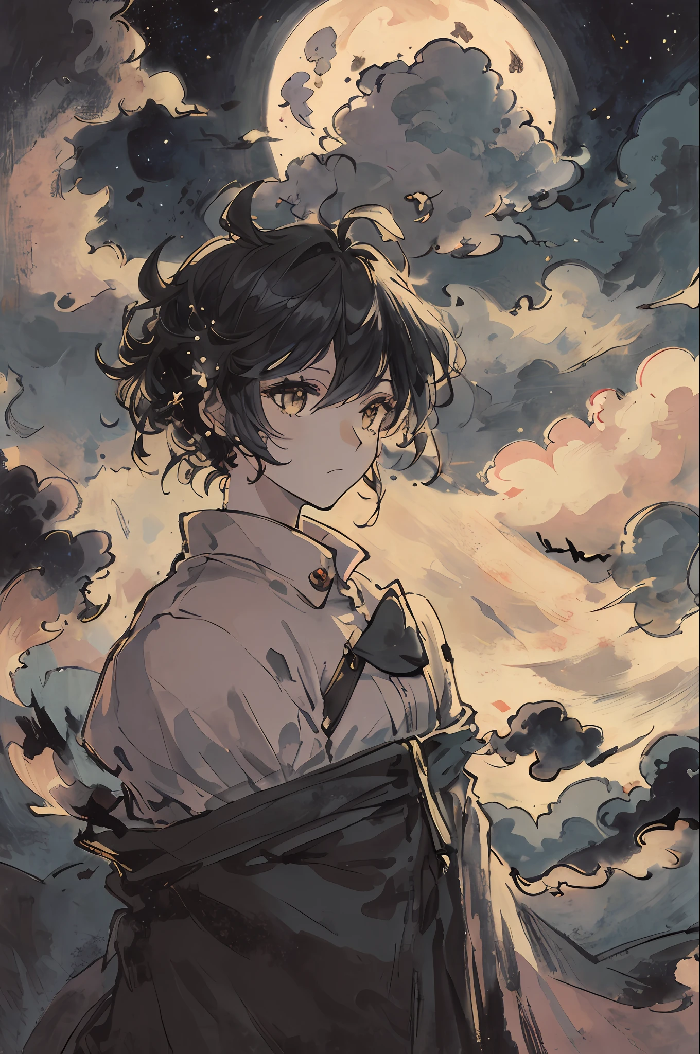 masterpiece, best quality, night, hill, clouds, full moon, long hair, woman, silhouette, fireflies.