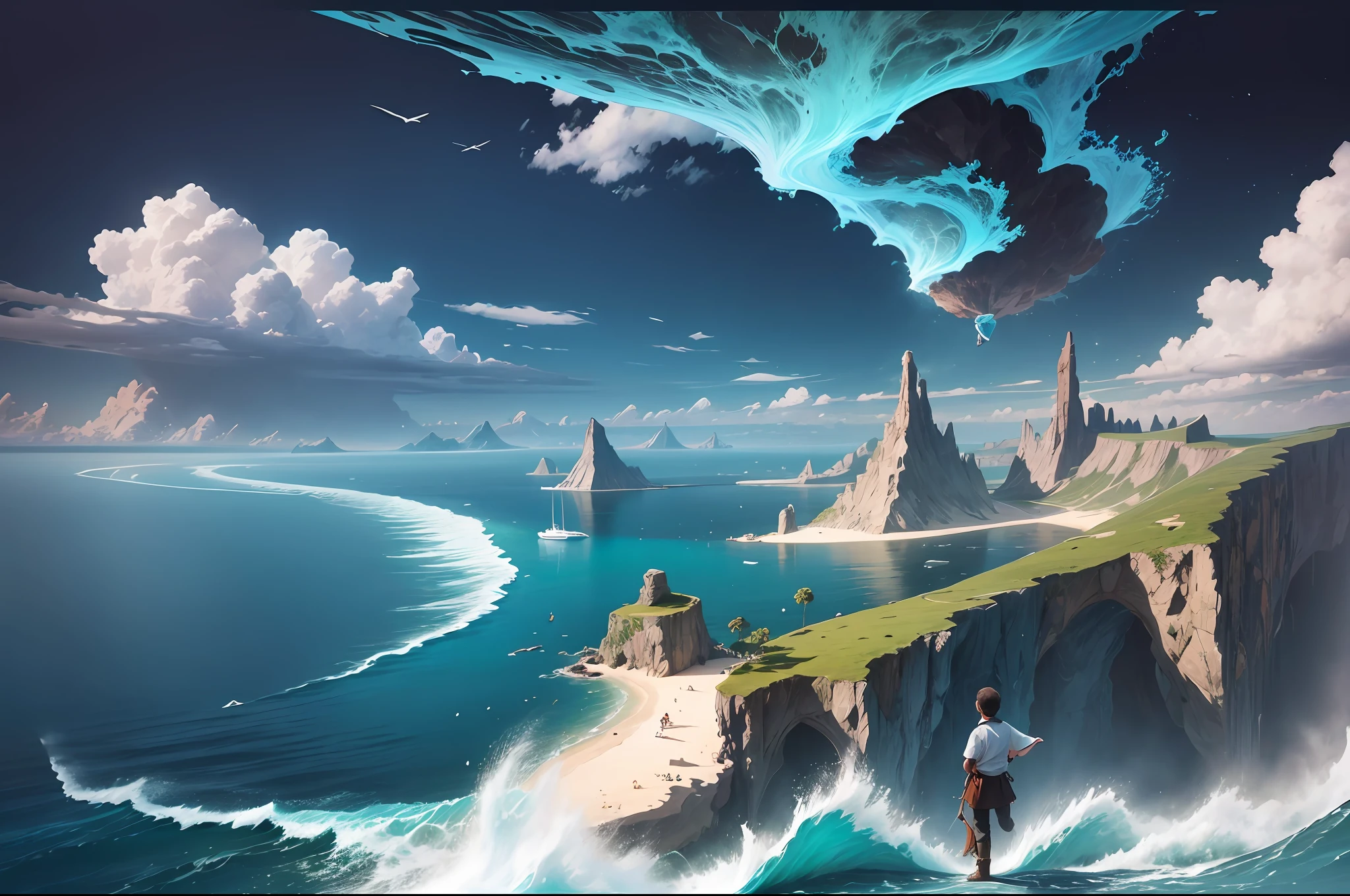 The sea is split in two by a huge air current, revealing a huge ravine, flanked by valleys from the sea. At the end of the ravine is a huge island nation made up of many small islands, the tallest building passing through the sky, surrounded by many birds and airships. Closer to the photo, a young boy can be seen stepping on a sword and flying towards the island in the distance. --auto --s2