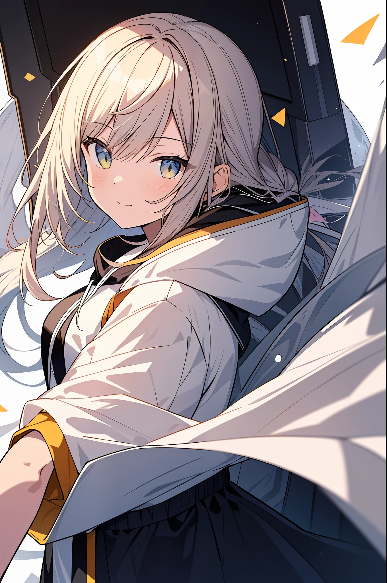 Top Quality, Masterpiece, High Resolution, 8k, Hoodie and Anime Style Girl, One Girl, Detailed Line Art, Bright White and Bright Amber Style, Digital Enhancement, Close Up, Anime Core, Flowing Fabric