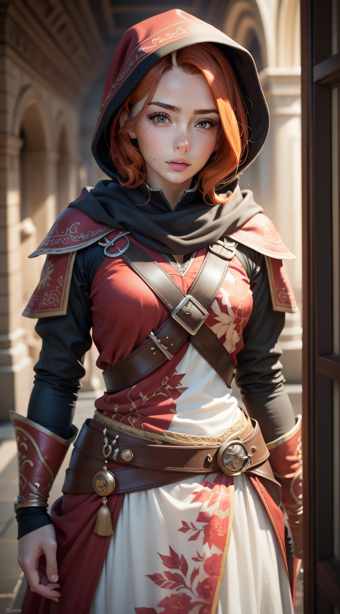 (realistic oil art, image up to the waist, 20-year-old princess, British, black eyes, vibrant look, redhead, short hair), ezio auditore tunic, hooded, black, brown, red details, ornaments, freckles on 10% of the cheekbone, perfect face, critical camera, blurred background, warm light, more details in clothing, strong leftovers, mystery pose