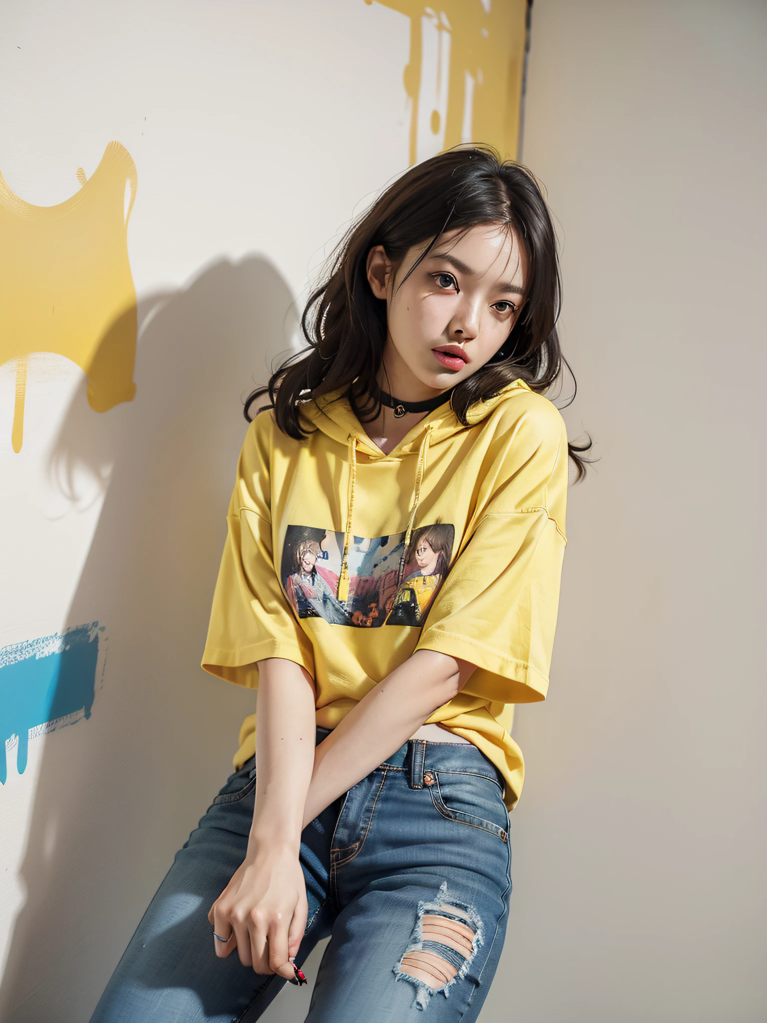Absurdity, Top Quality, 1 Girl, Solo, (((Oversized Yellow Parker, T-Shirt, Seven-Minute Pants, 5)))), Choker, (Graffiti: 1.5), Splatters of paint, Paint Doodle, Arms Thrown Back, (Leaning Forward), Lean Back, Leaning Against the Wall, (Tilting to the Side: 0.25), Watch the Viewer, Armbands, Thigh Straps, Striped Hair, ((Paint on the body other than the face)), Upward eyes, head down, head tilted, (from side: 0.75), bored, (expressionless: 0.75 masterpiece, flat background, no background, full body, standing, single girl, solo, cute, oversized yellow hoodie, t-shirt, seven-minute length pants, 50mm portrait, delicate features, semi-realism, sharp focus, super detail, absurdity, depth of field, neon