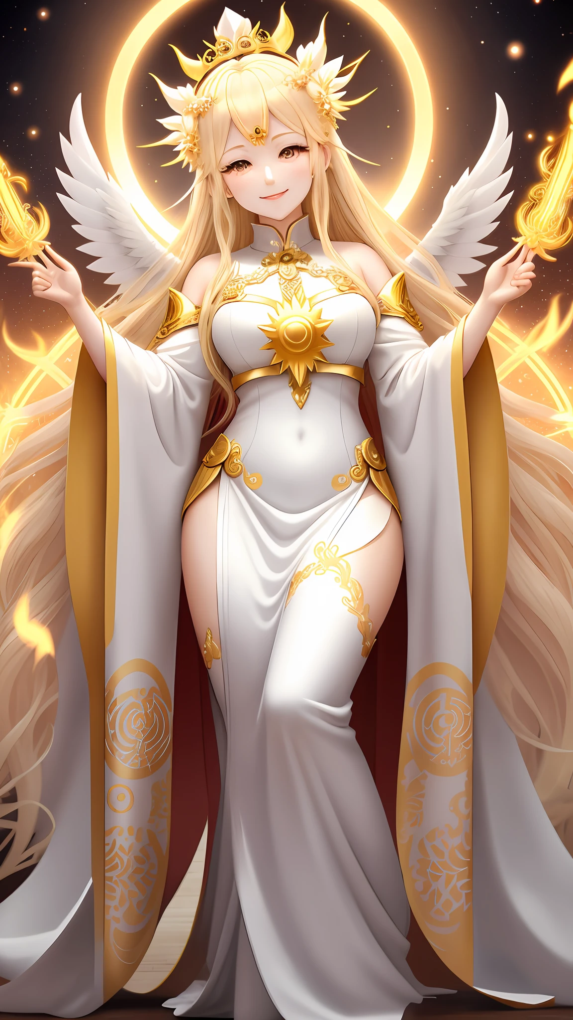Blonde woman, deity, white clothes as if she were a goddess, a sun-shaped crown, 8 tails of different elements, jovial face, anime style. Angelic wings, gold details.
