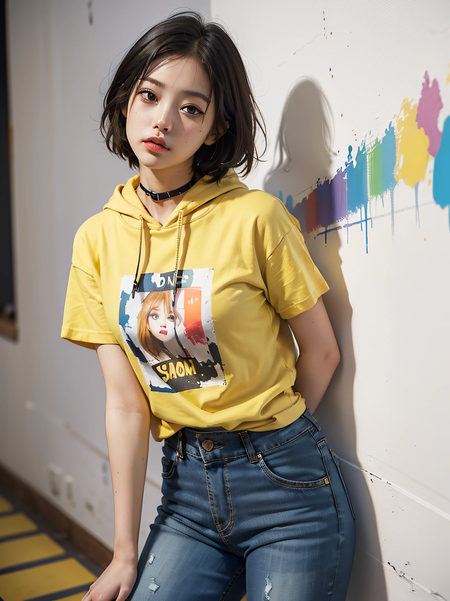 Absurdity, Top Quality, 1 Girl, Solo, (((Oversized Yellow Parker, T-Shirt, Seven-Minute Pants, 5)))), Choker, (Graffiti: 1.5), Splatters of paint, Paint Doodle, Arms Thrown Back, (Leaning Forward), Lean Back, Leaning Against the Wall, (Tilting to the Side: 0.25), Watch the Viewer, Armbands, Thigh Straps, Striped Hair, ((Paint on the body other than the face)), Upward eyes, head down, head tilted, (from side: 0.75), bored, (expressionless: 0.75 masterpiece, flat background, no background, full body, standing, single girl, solo, cute, oversized yellow hoodie, t-shirt, seven-minute length pants, 50mm portrait, delicate features, semi-realism, sharp focus, super detail, absurdity, depth of field, neon