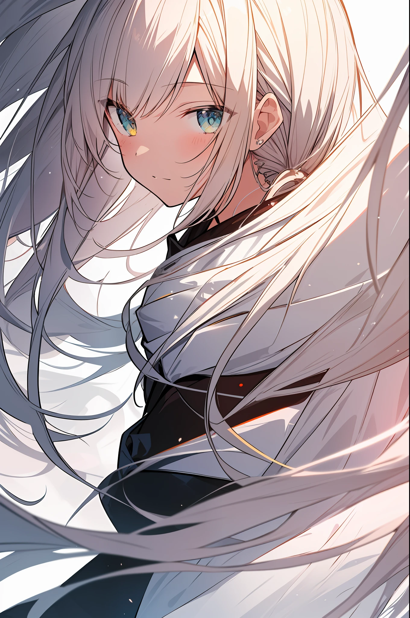 Top Quality, Masterpiece, High Resolution, 8k, Hoodie and Anime Style Girl, One Girl, Detailed Line Art, Bright White and Bright Amber Style, Digital Enhancement, Close Up, Anime Core, Flowing Fabric
