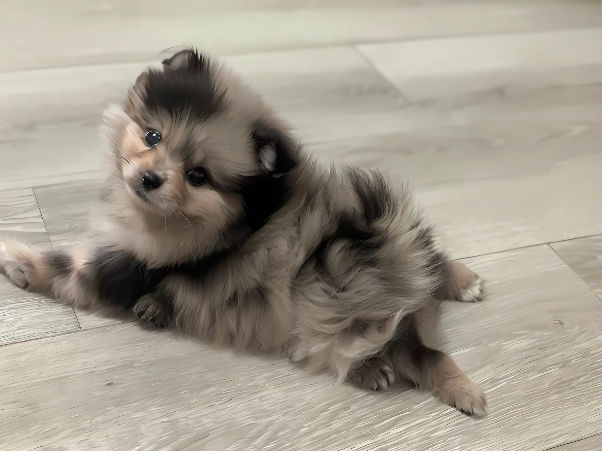 araffy puppy laying on the floor with its paws on the floor, pomeranian mix, pomeranian, poofy, fluffly!!!, super fluffy, small dog, very fluffy, puppy, fluffy body, outrageously fluffy, soft and fluffy, fluffy!!!, fluffy mane, by Emma Andijewska, fluffy, just a cute little thing