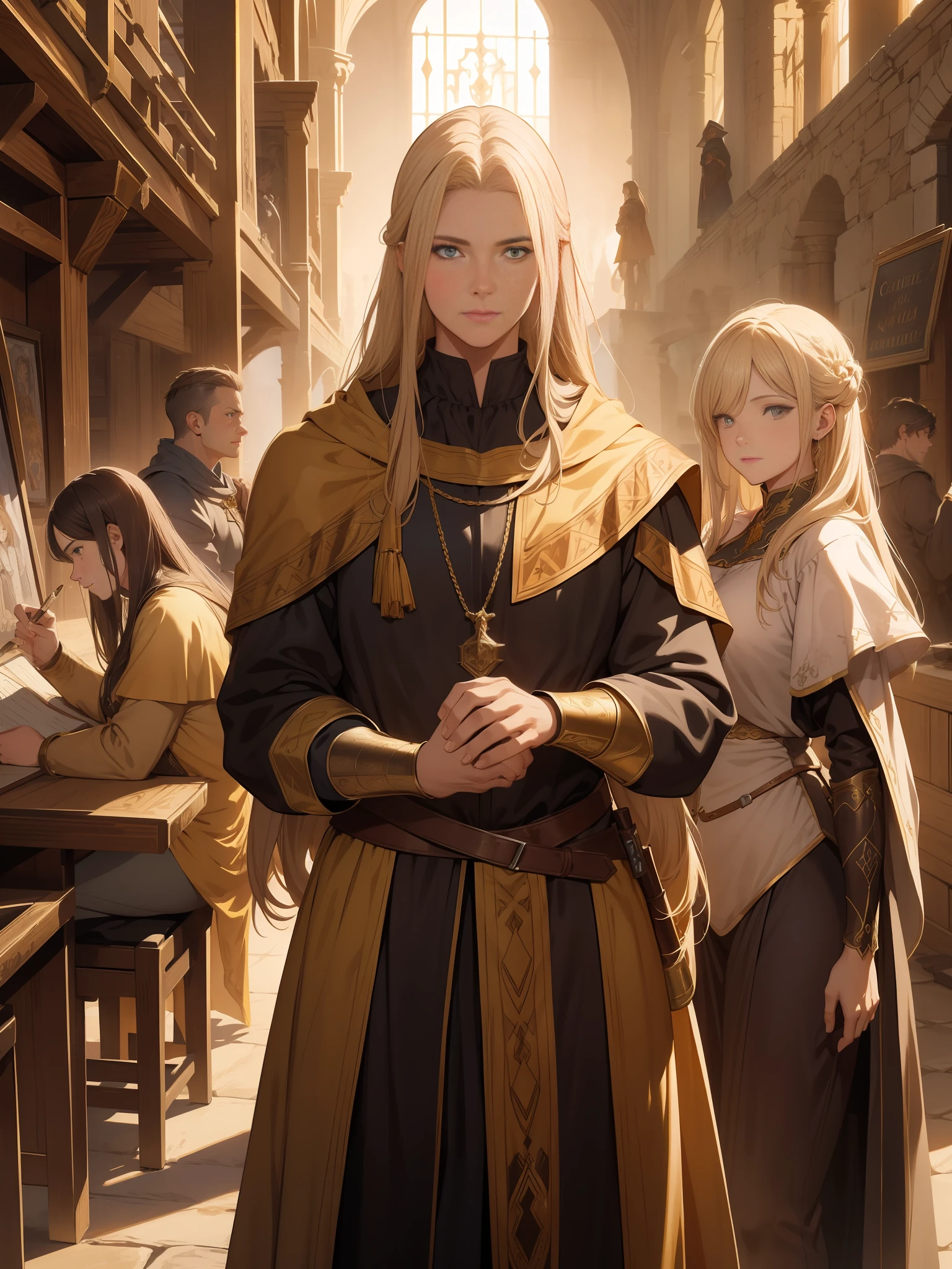 extremely detailed poster drawing of four characters two men and two women, ((medieval style, rpg character class)), 8k uhd, RAW photography, digital painting, ultra detailed, golden aspect ratio