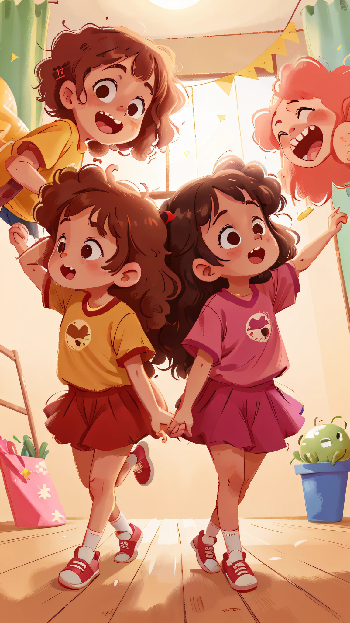 Two girls, twins, curly brown hair, dancing at home, super excited