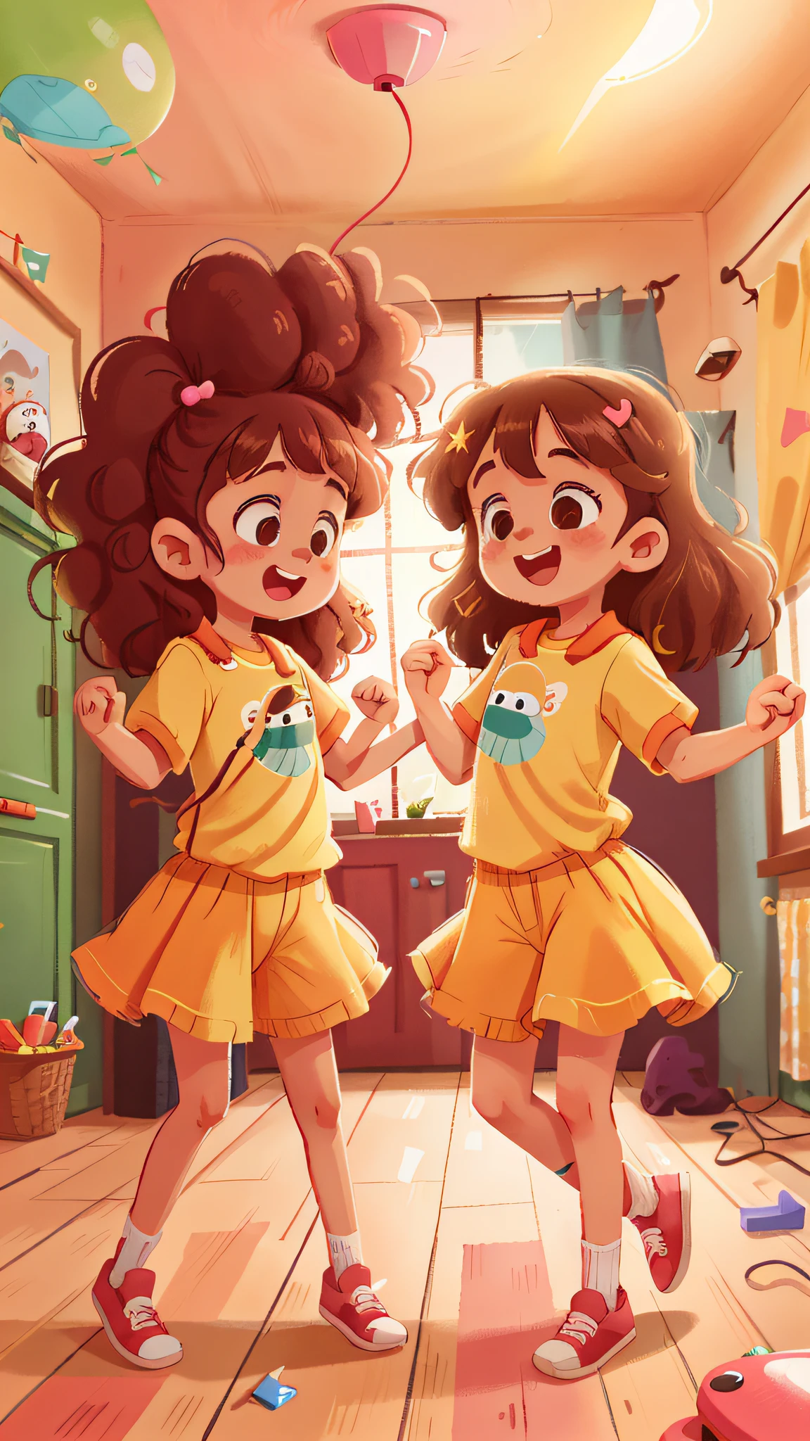 Two girls, twins, curly brown hair, dancing at home, super excited