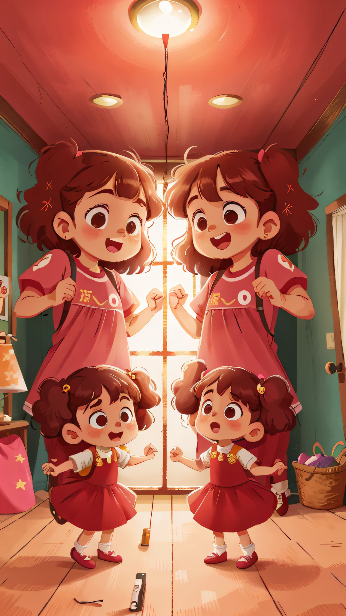 Two girls, twins, curly brown hair, dancing at home, super excited