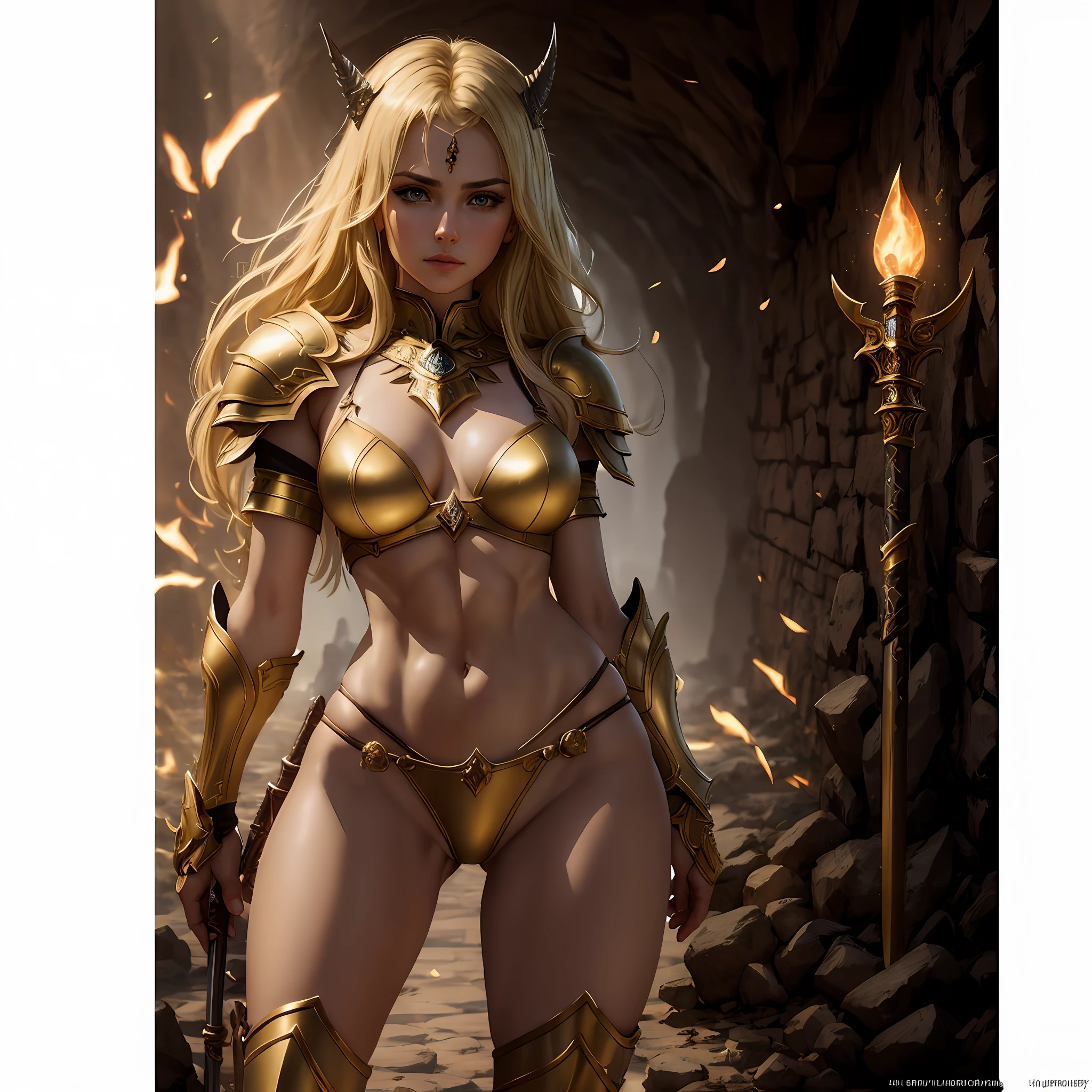 Depict a female warrior in a golden bikini armor fighting alone in a dangerous dungeon, <reference image>"Female warrior, green eyes, blond hair, fair skin, amazingly gorgeous beauty, strict and determined look, tall and slender+, abs, long perfect legs, she wears golden bikini armor++, she is armed with a sword, ultra-accurate and ultra-precise hand depiction, ready for deadly combat, Highly detailed RAW color Photo, beautiful young girl, dynamic pose, (detailed skin), (detailed eyes), (Naggaroth:1.4), (skull:1.1), (detailed face), detailed eyes", The background is a deep and dark dungeon, the dungeon wall is rocky, the torches have become the only light source, the floor is strewn with bones in the abode of monsters, magnificent fantasy art, photorealistic, ultra high quality, ultra high detail, masterpiece, 4K, 8K, HDR, very high detail, art station trend, highly detailed ArtGerm, Deviant Art Station CGSCOSIETY, an art station masterpiece, chromatic aberration, depth of field, soft lighting, masterpiece, best quality, intricate, (lens flare:0.7), (bloom:0.7), particle effects, raytracing, tone mapped, highly detailed, concept art, smooth, sharp focus, dramatic lighting, highly detailed artwork, cinematic, hyper realistic painting, trending on Artstation, 8K, incredible shadows, realistic, (highly detailed background:1.2), art by midjourney