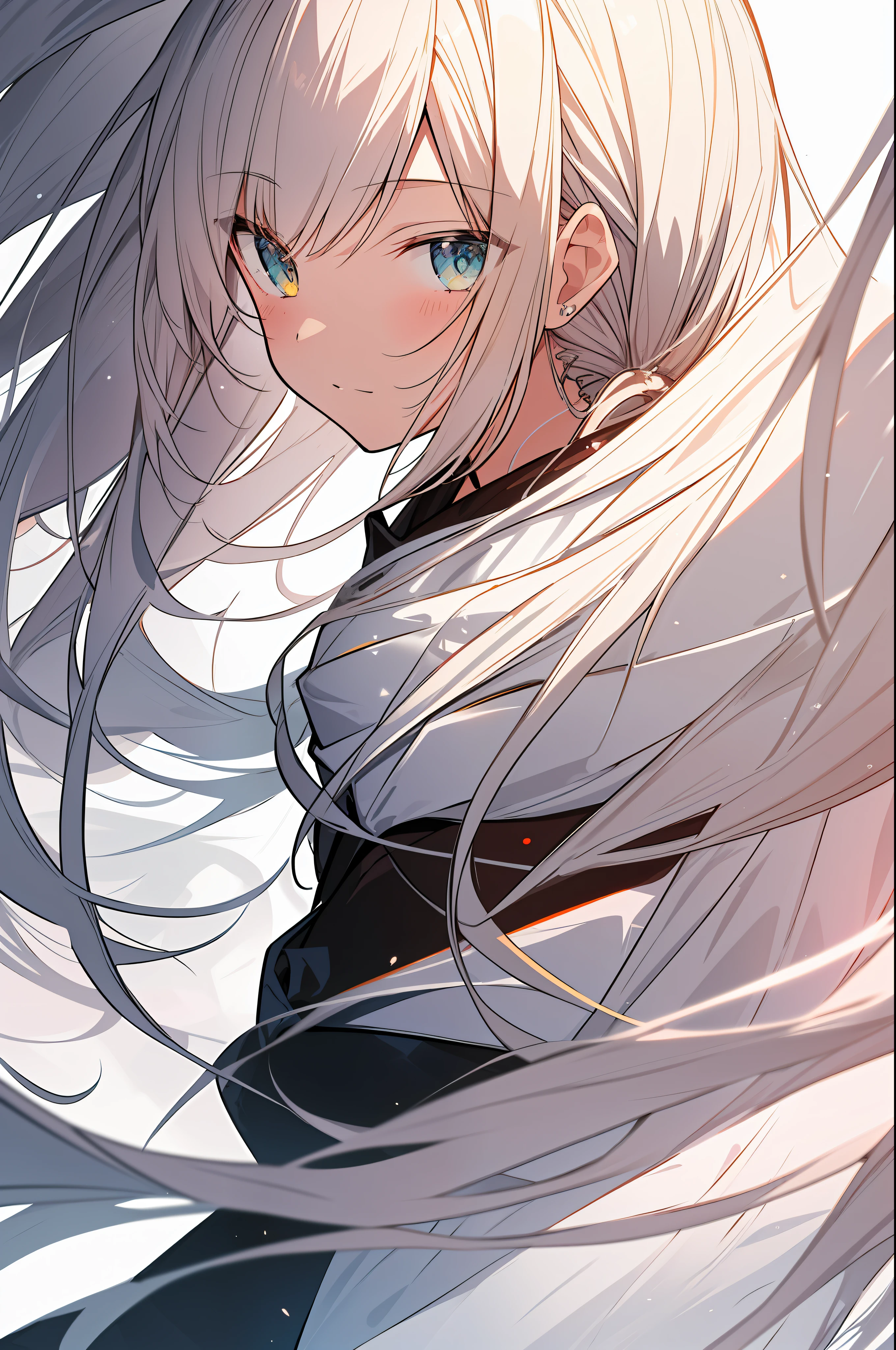 Top Quality, Masterpiece, High Resolution, 8k, Hoodie and Anime Style Girl, One Girl, Detailed Line Art, Bright White and Bright Amber Style, Digital Enhancement, Close Up, Anime Core, Flowing Fabric