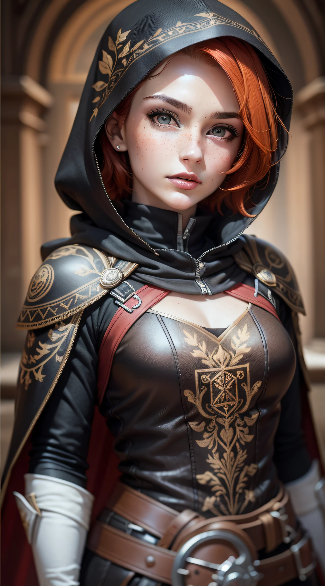 (realistic oil art, image up to the waist, 20-year-old princess, British, black eyes, vibrant look, redhead, short hair), ezio auditore tunic, hooded, black, brown, red details, ornaments, freckles on 10% of the cheekbone, perfect face, critical camera, blurred background, warm light, more details in clothing, strong leftovers, mystery pose