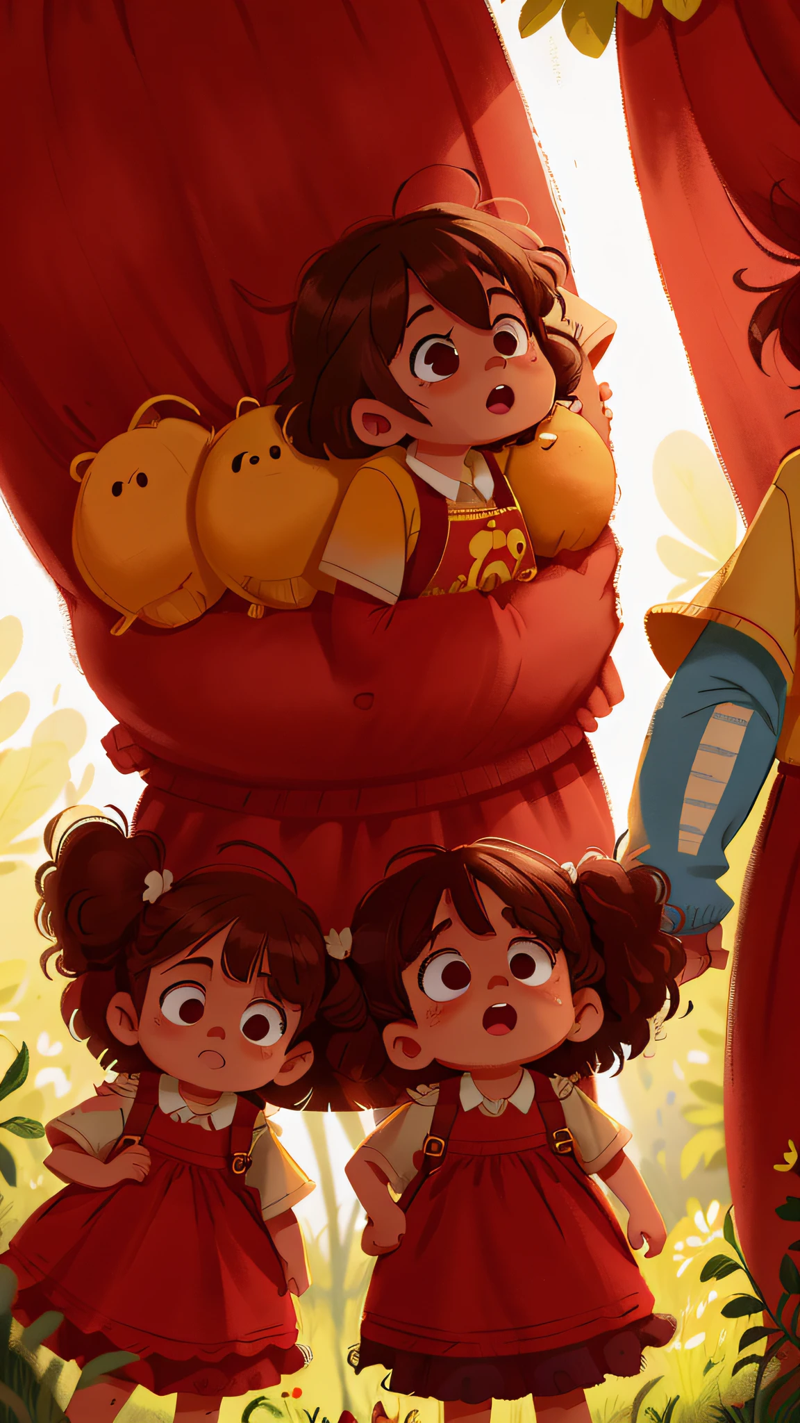 Two girls, twins, curly brown hair, showing their father and mother in ribs, blur on the back and the twins more visible